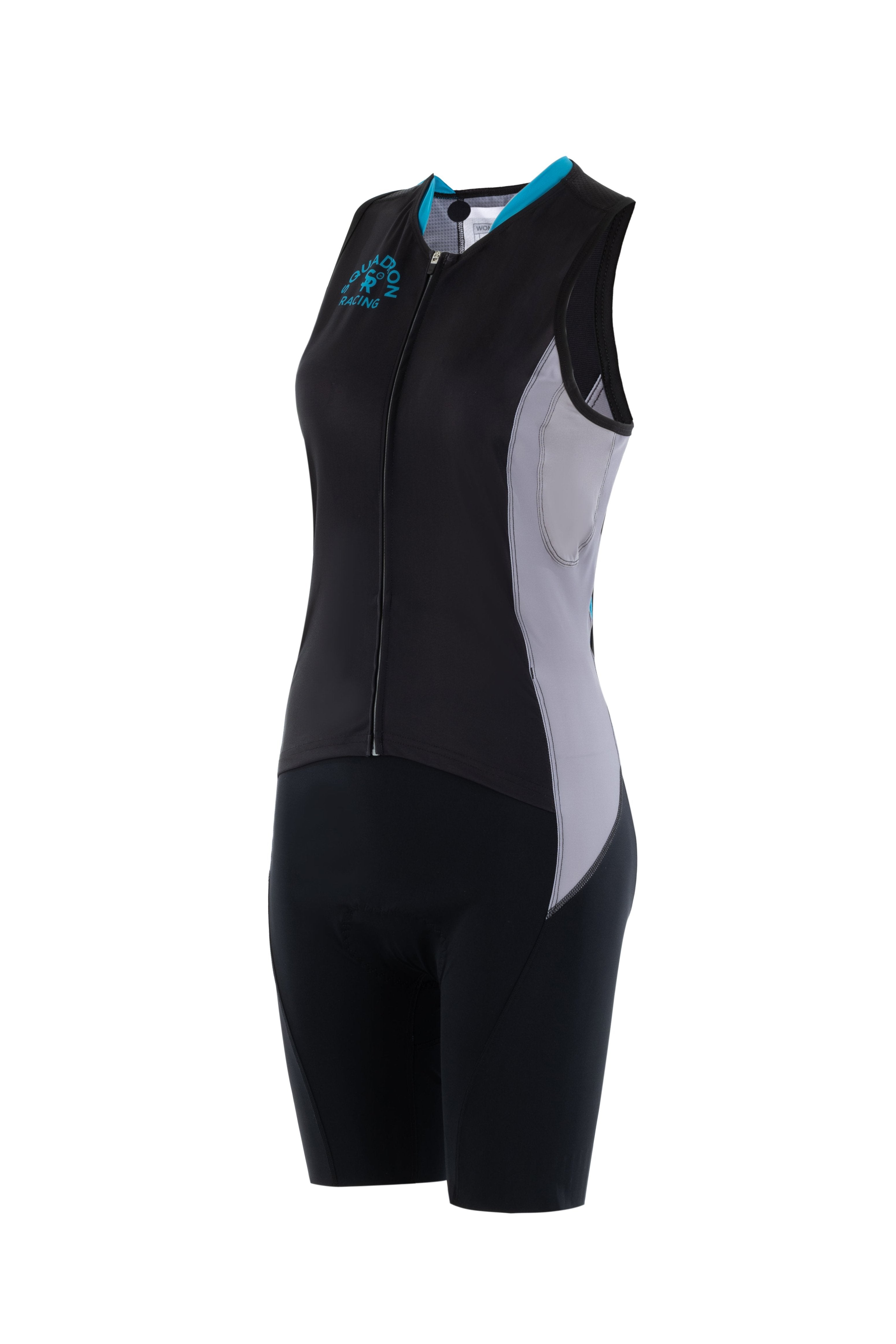 Side angle of the women's sleeveless triathlon race suit showing contour fit and mesh panel.