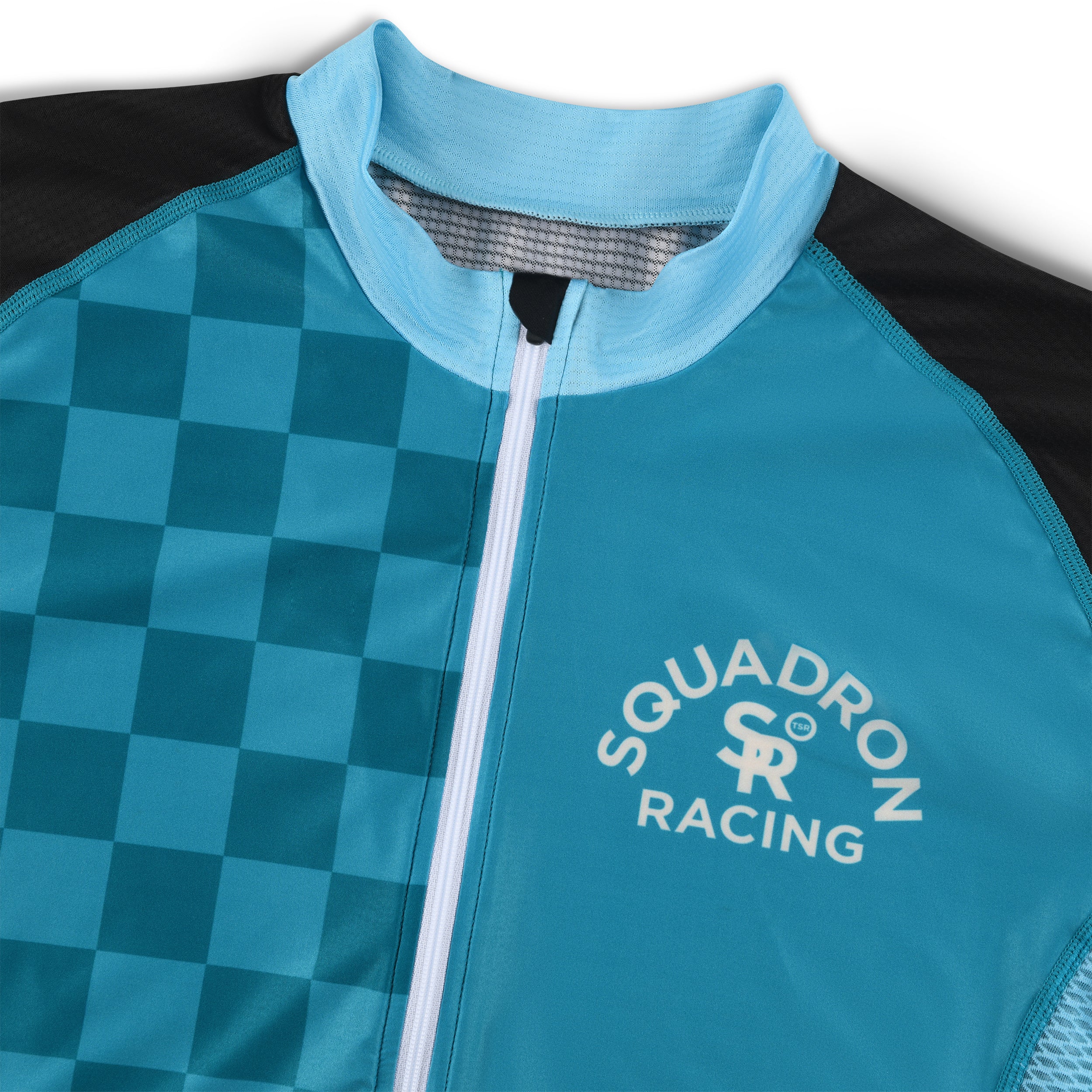 Zoom-in of Squadron Racing logo on chest of the blue jersey.