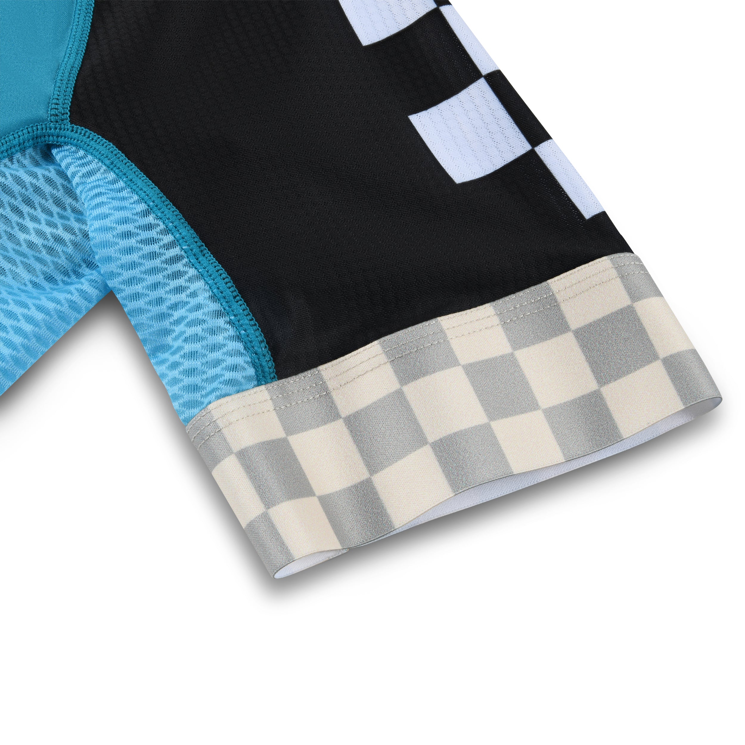 Black and blue race jersey sleeve close-up with checker cuff.