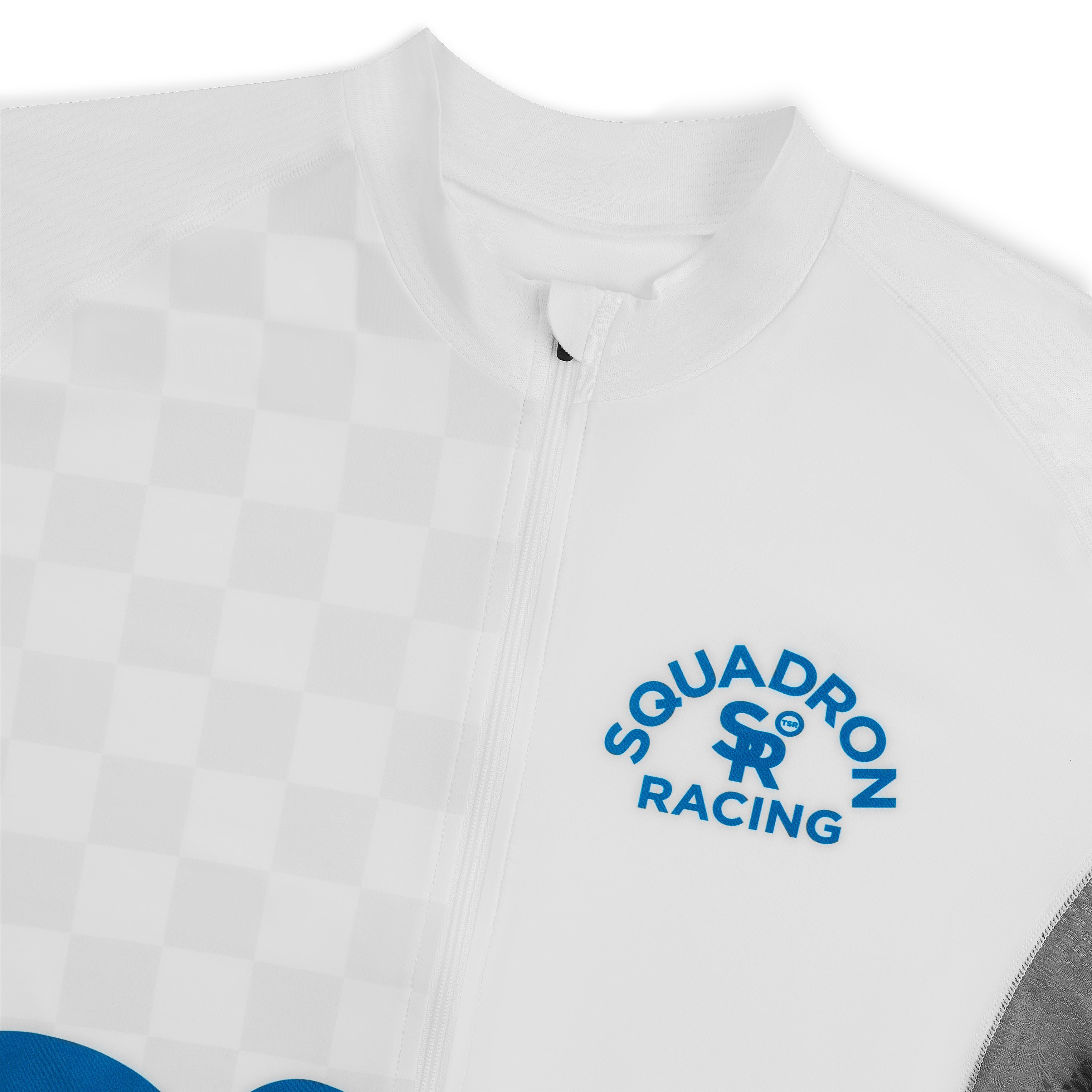 Close-up of TSR logo on the chest of the white jersey with checkered texture.