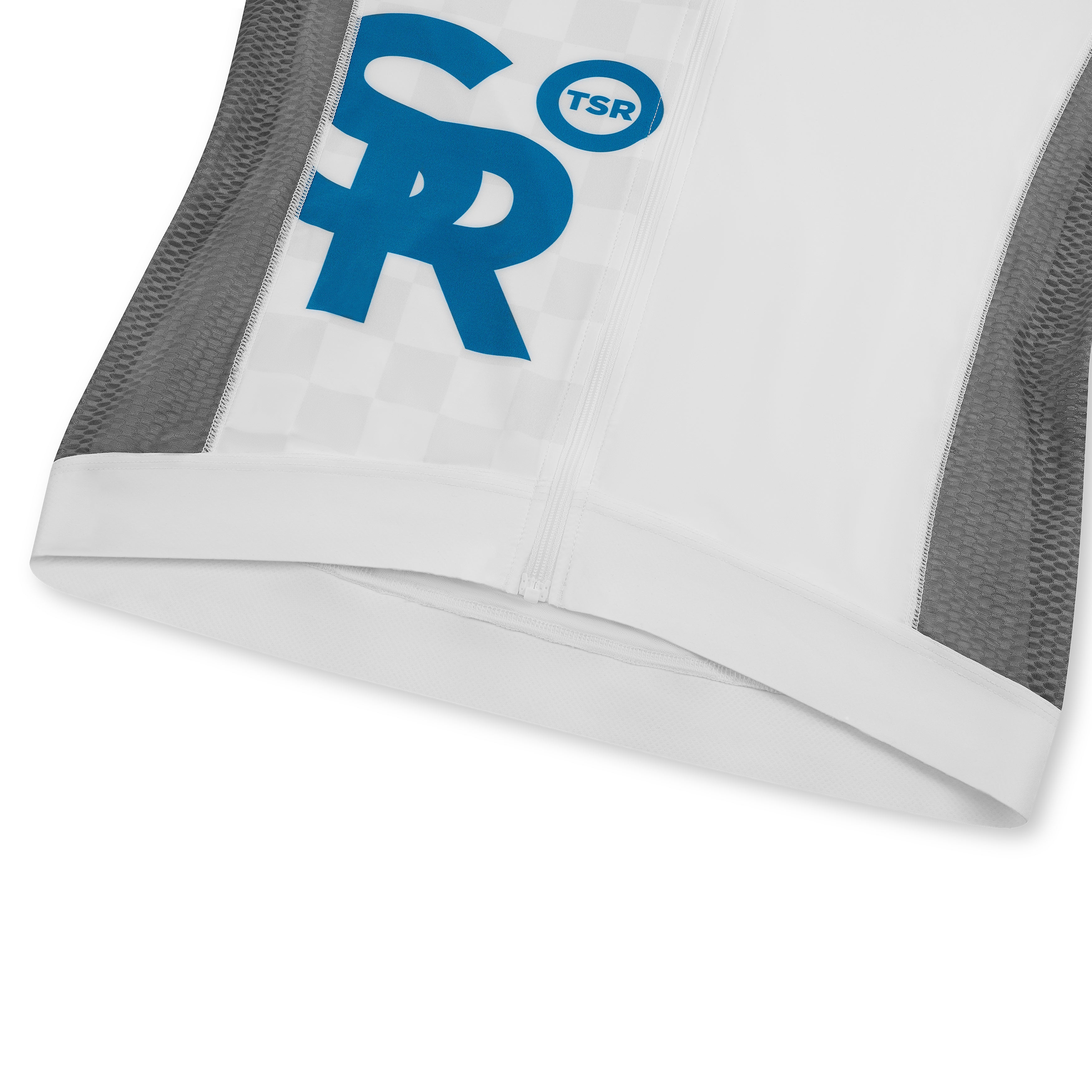 Detailed shot of blue TSR logo on white race jersey with contrast mesh side panel.