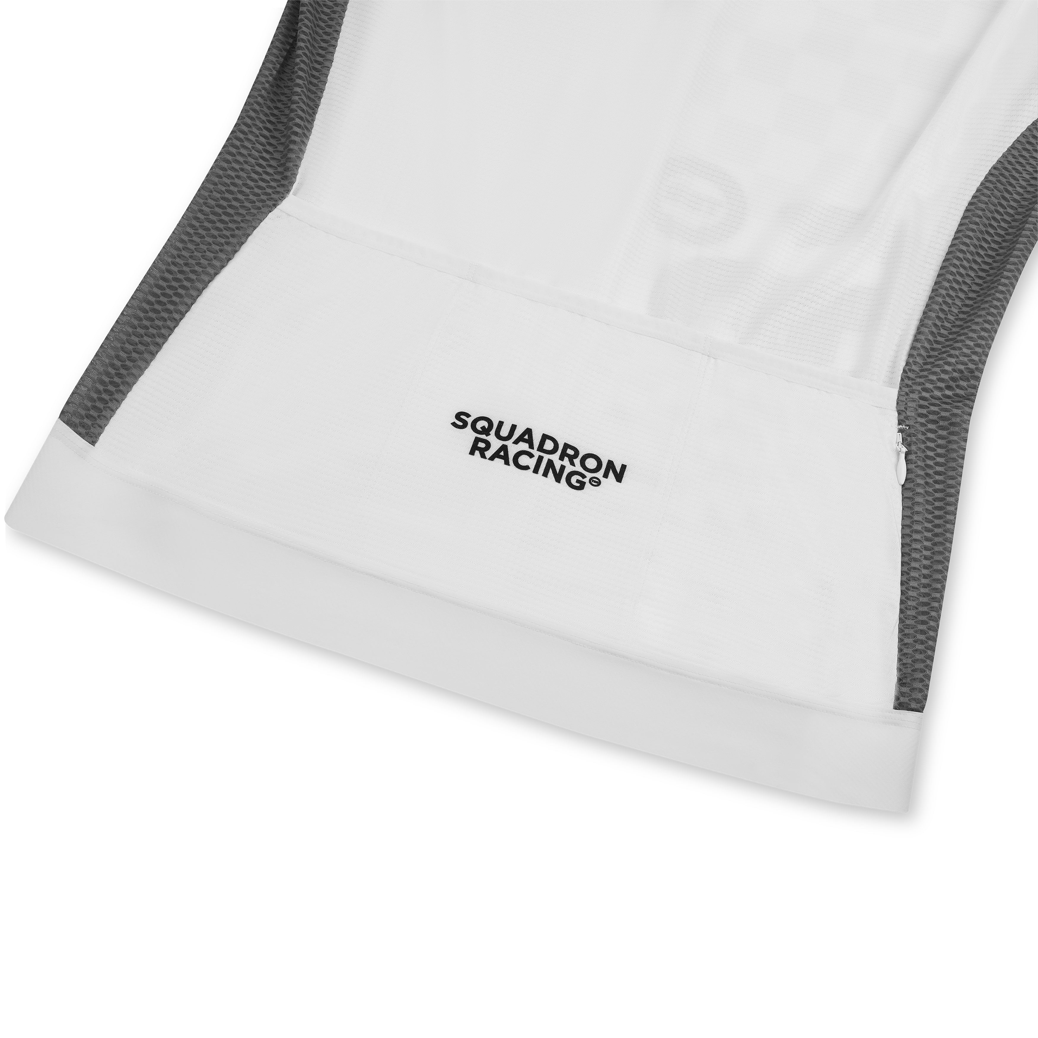 Back pocket view of white race jersey with Squadron Racing branding.