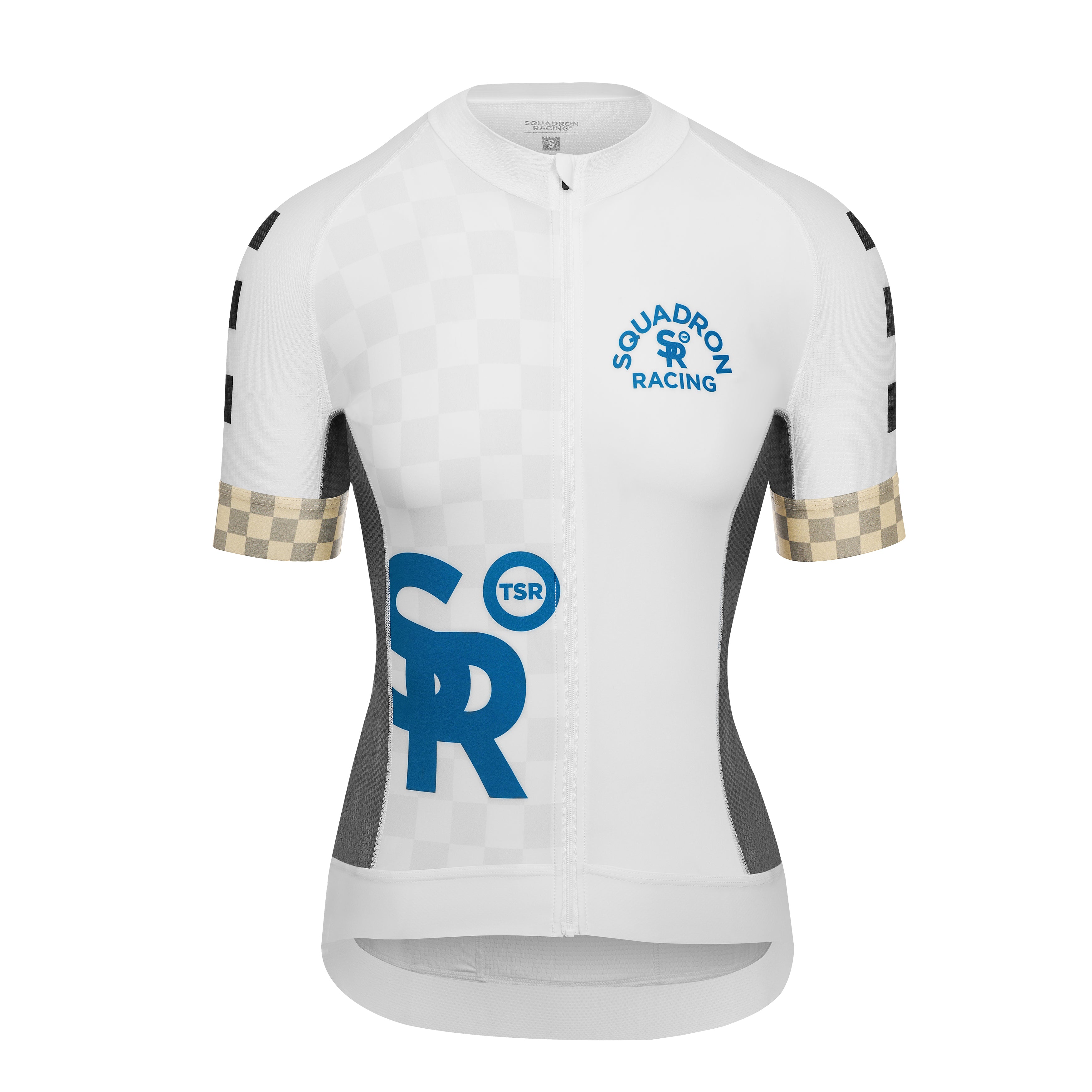 Women's short sleeve white jersey with blue TSR logo and checker sleeve cuffs.