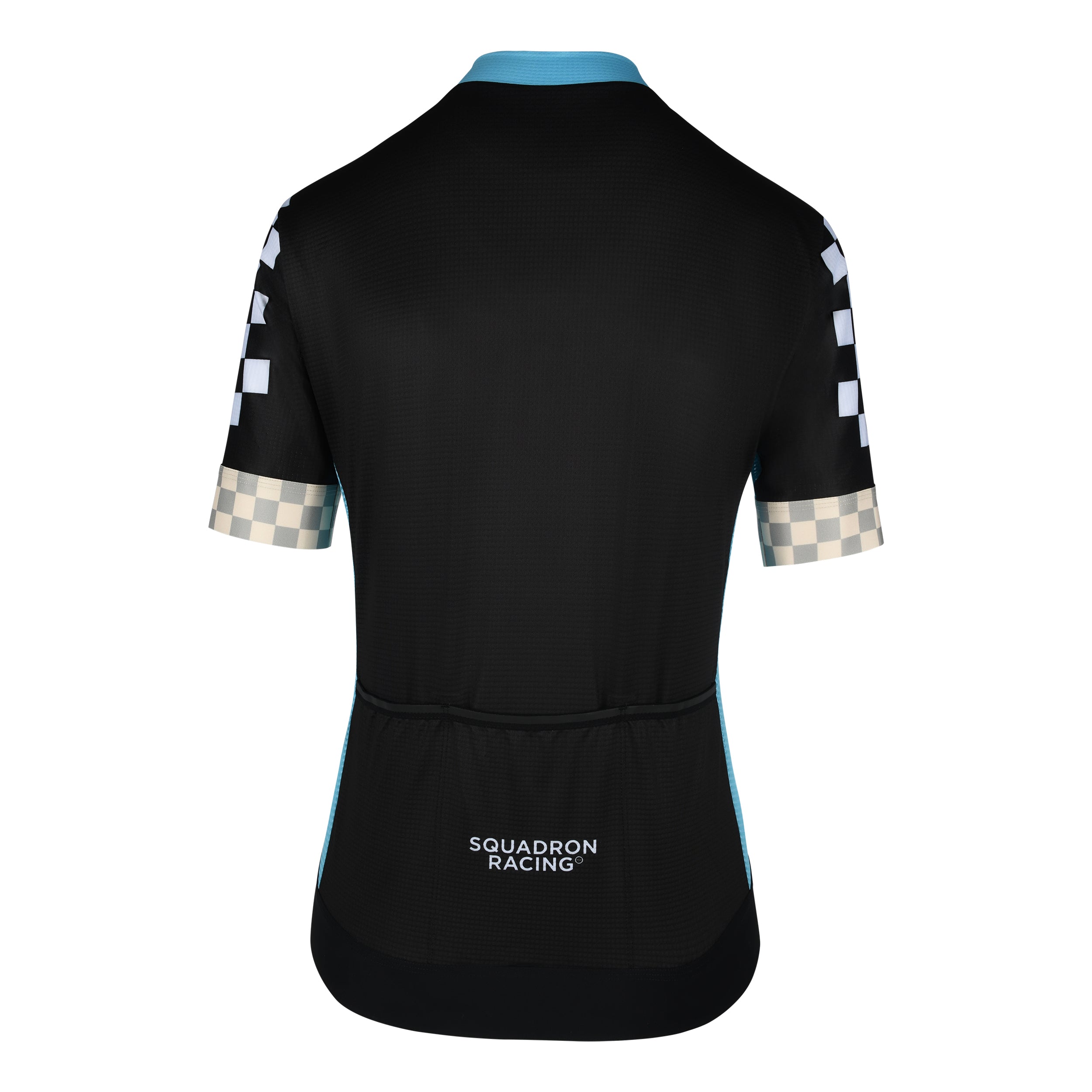 Back view of blue and black women's race jersey with checker cuffs.