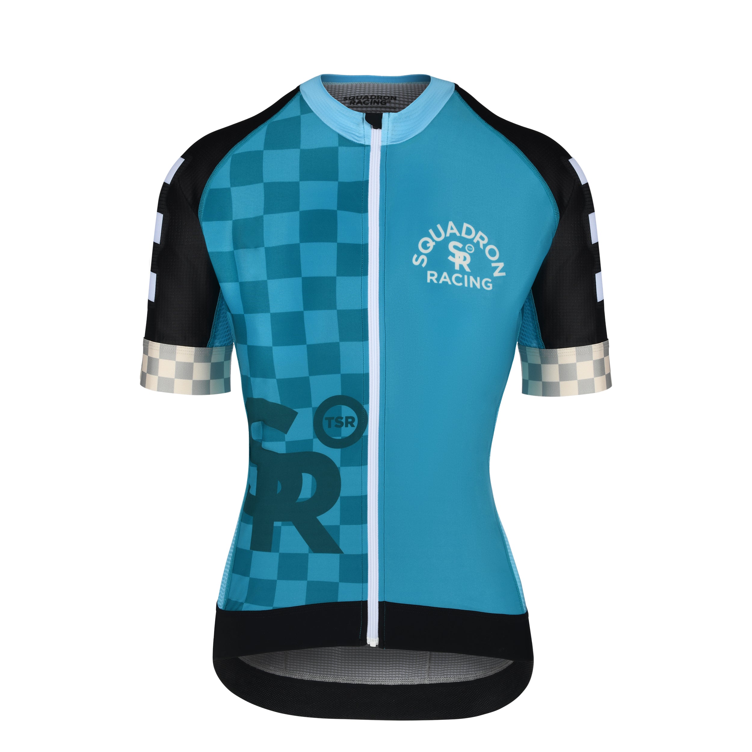 Women's short sleeve blue jersey with checkered sleeve cuffs and Squadron Racing logo.