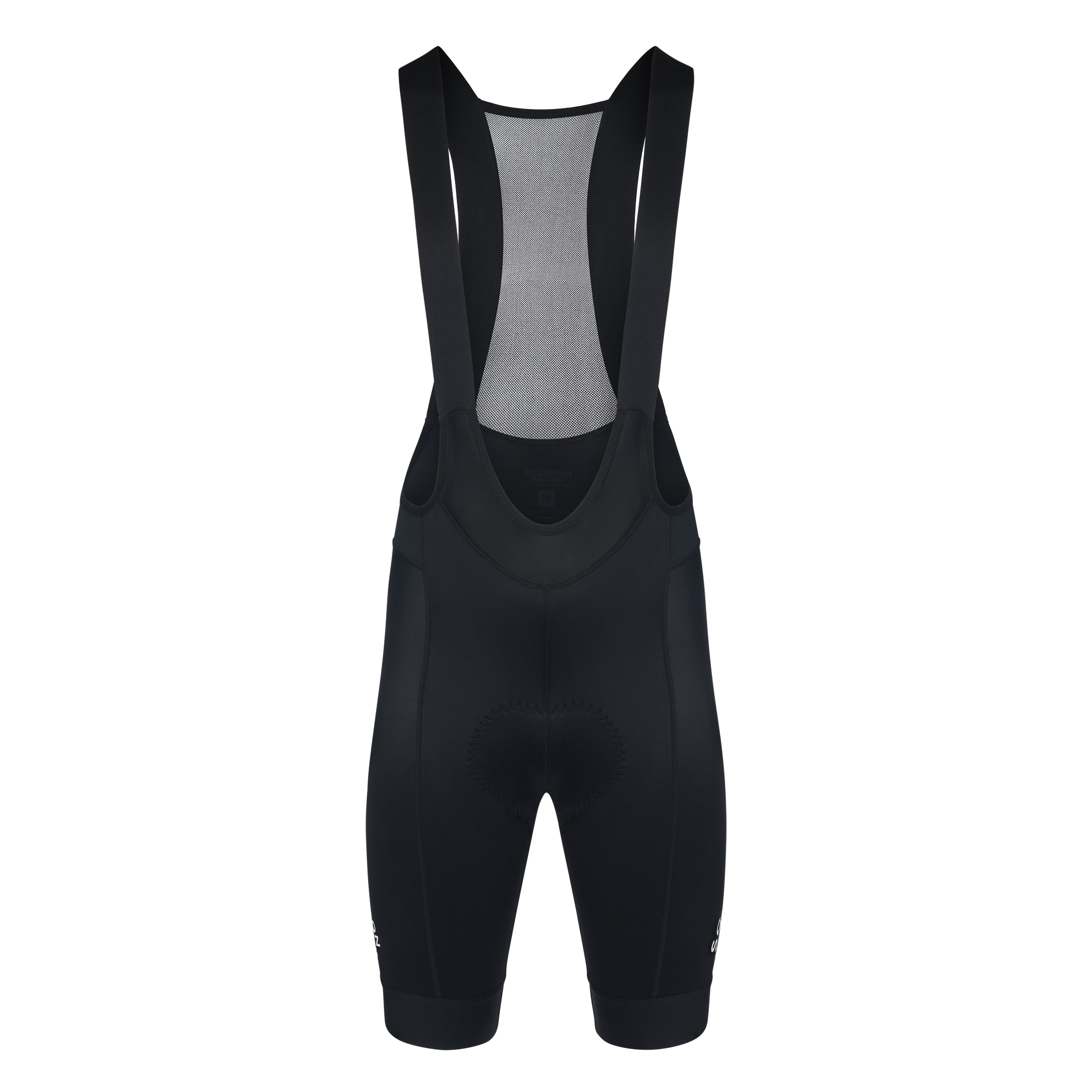 Front view of black men’s race bib shorts with mesh shoulder straps.