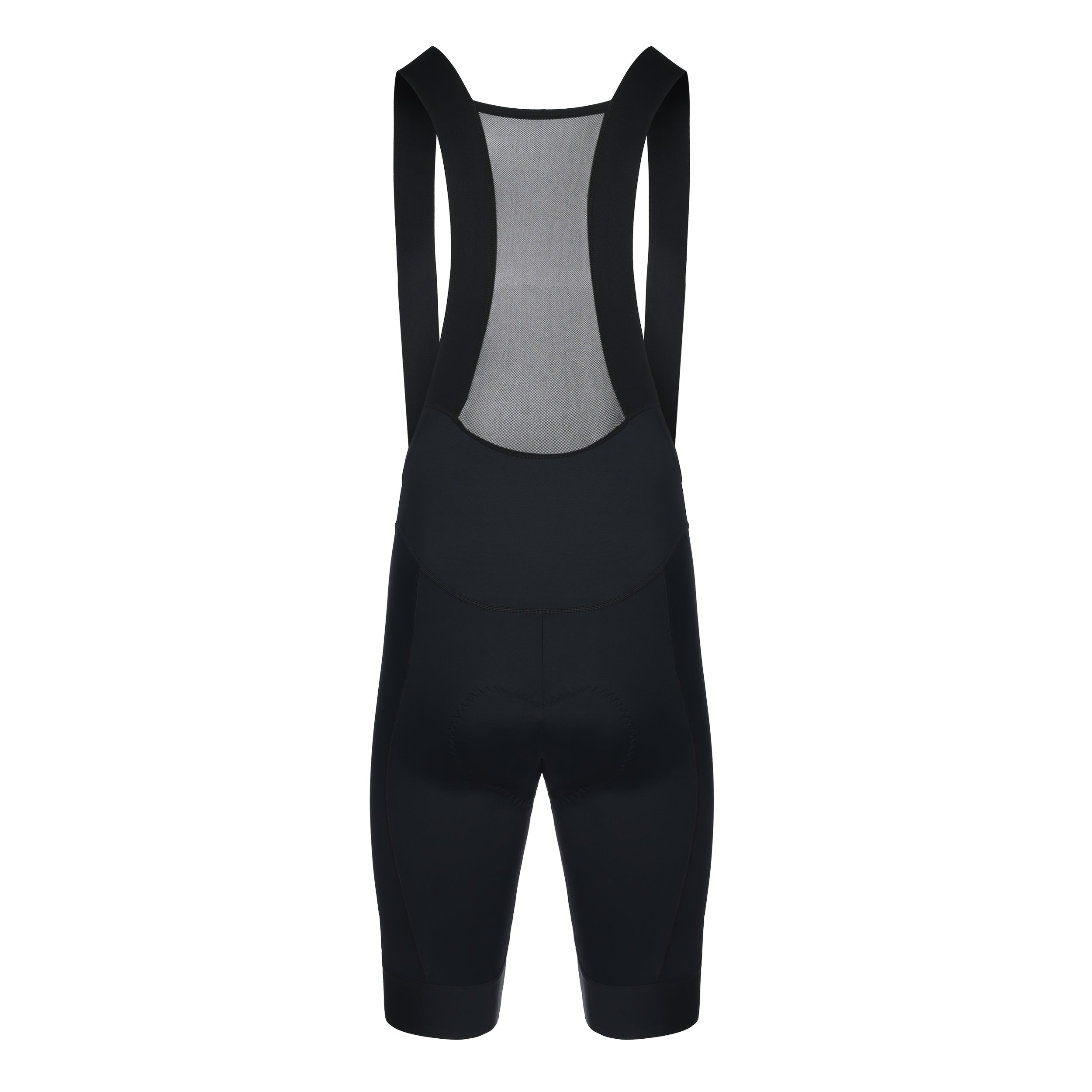 Rear view of cycling bib shorts with mesh back panel and ergonomic design.
