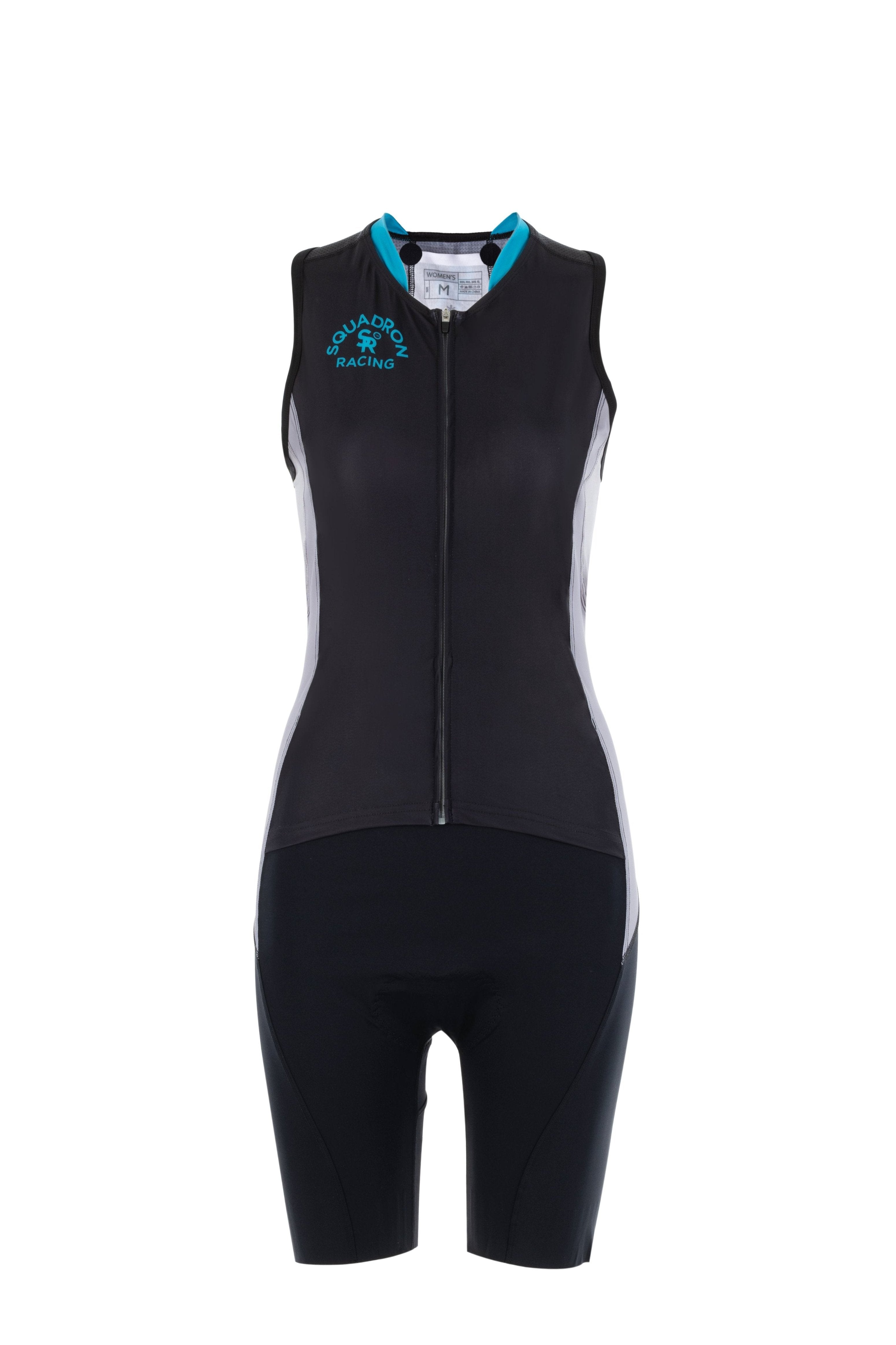 Front view of TSR women's triathlon suit in black with blue neckline