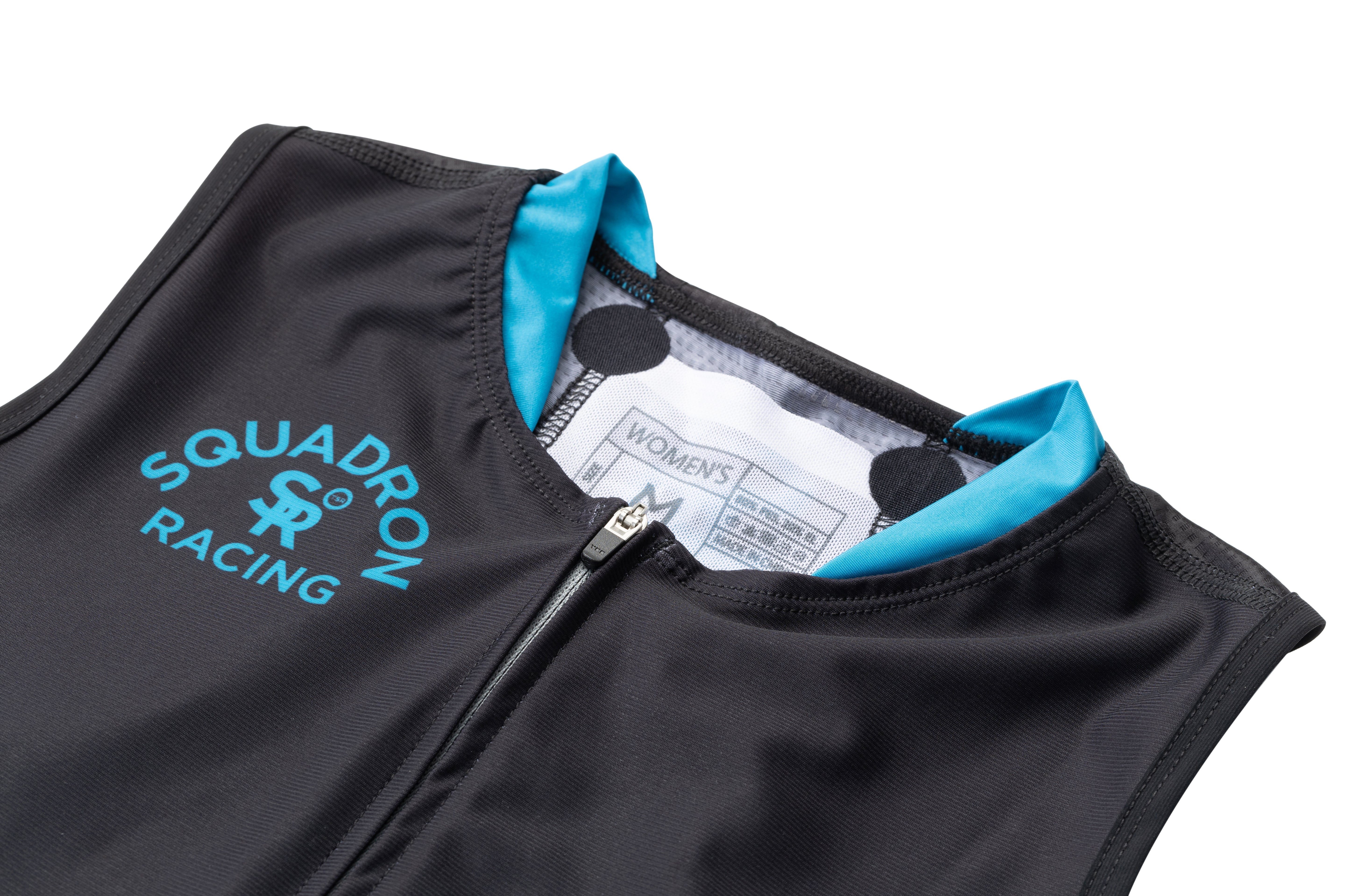 Zoomed-in shot of Squadron Racing logo printed on the collar lining