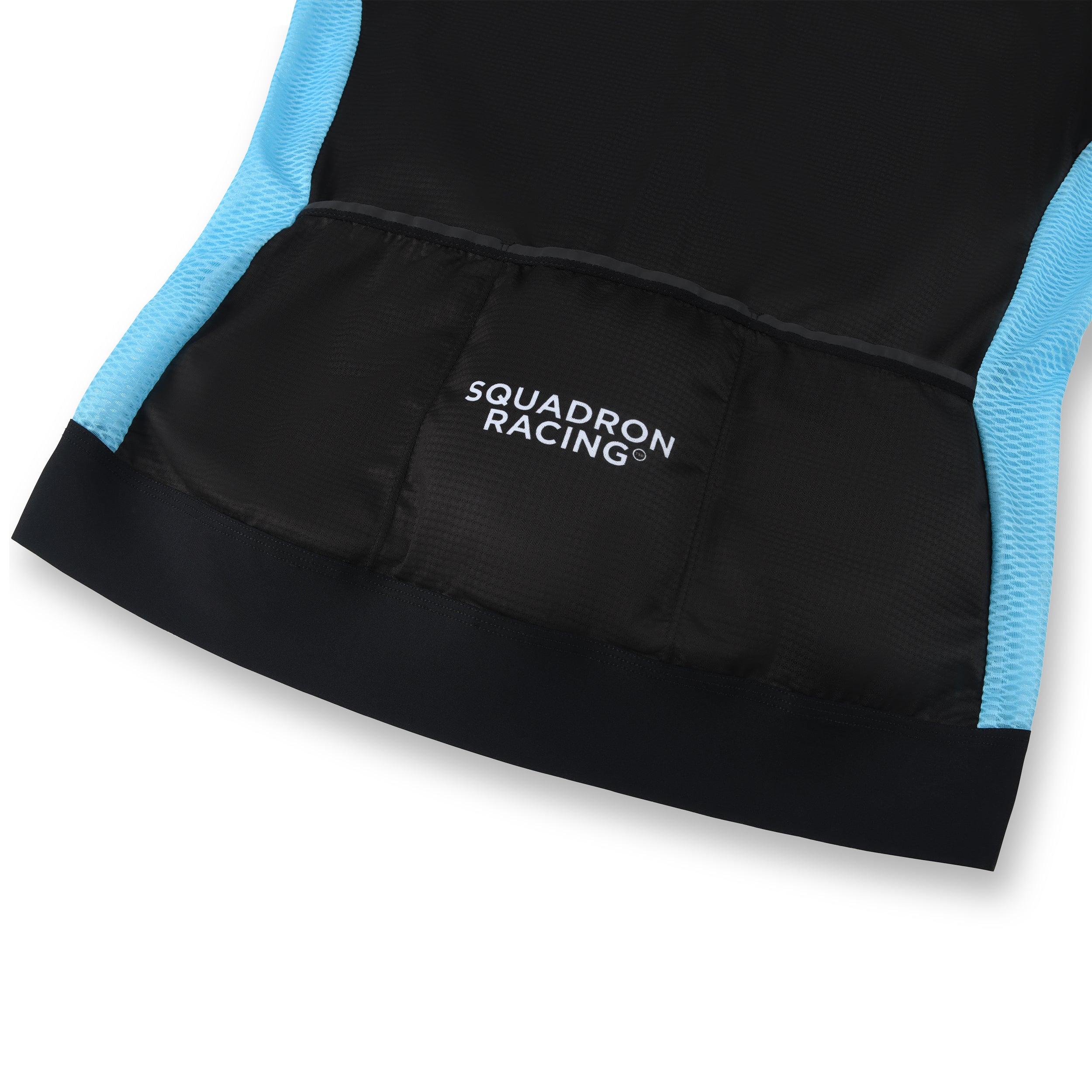 Rear pocket panel of blue race jersey with black contrast and logo.