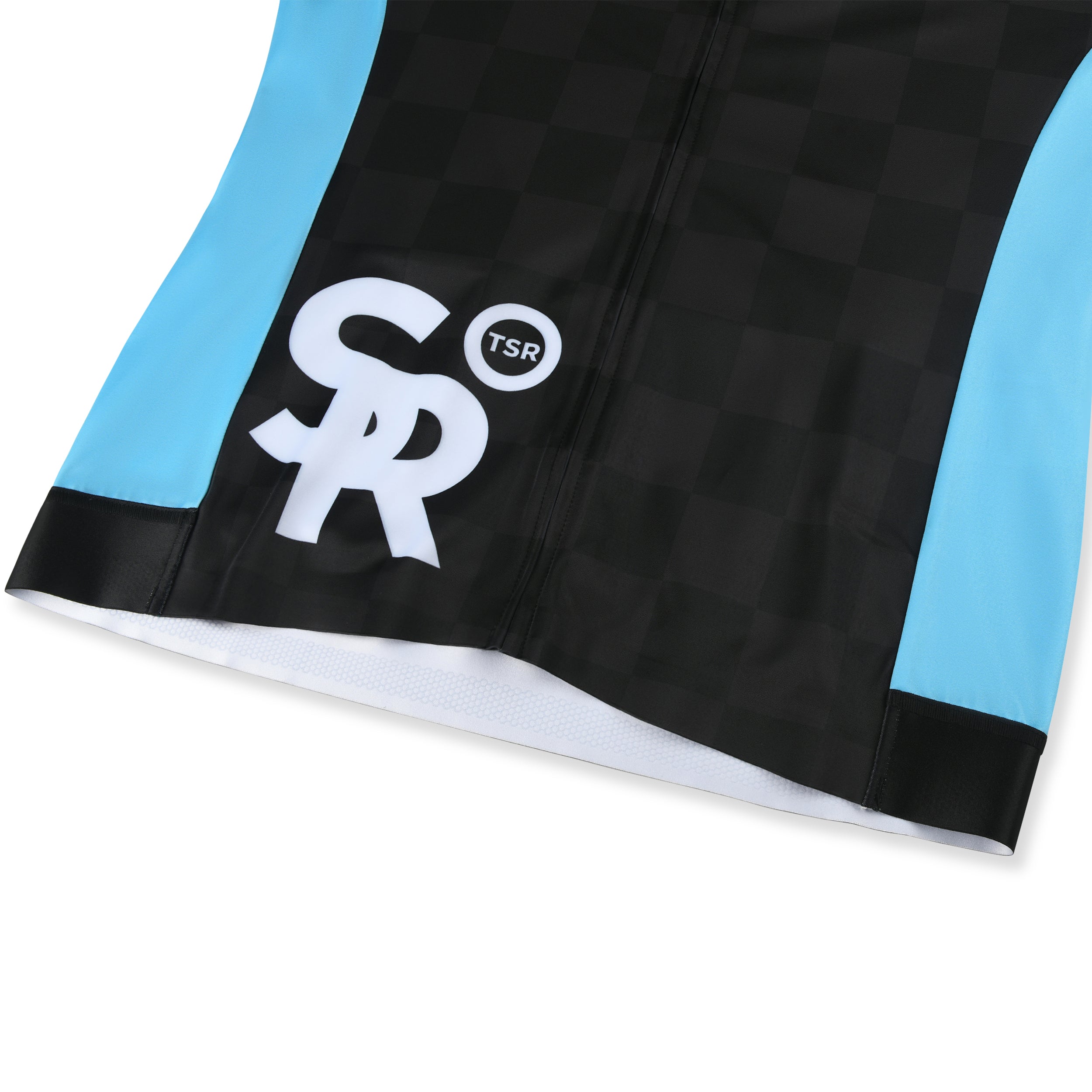 Zoomed view of lower front panel with SR logo and checkered side design.