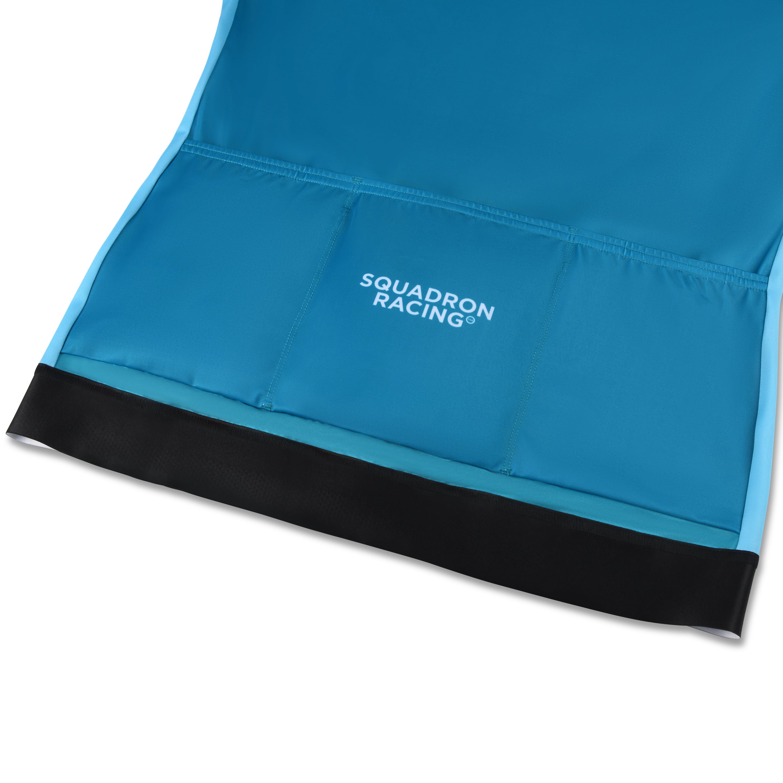 Close-up of back pockets with Squadron Racing logo on the bottom hem.