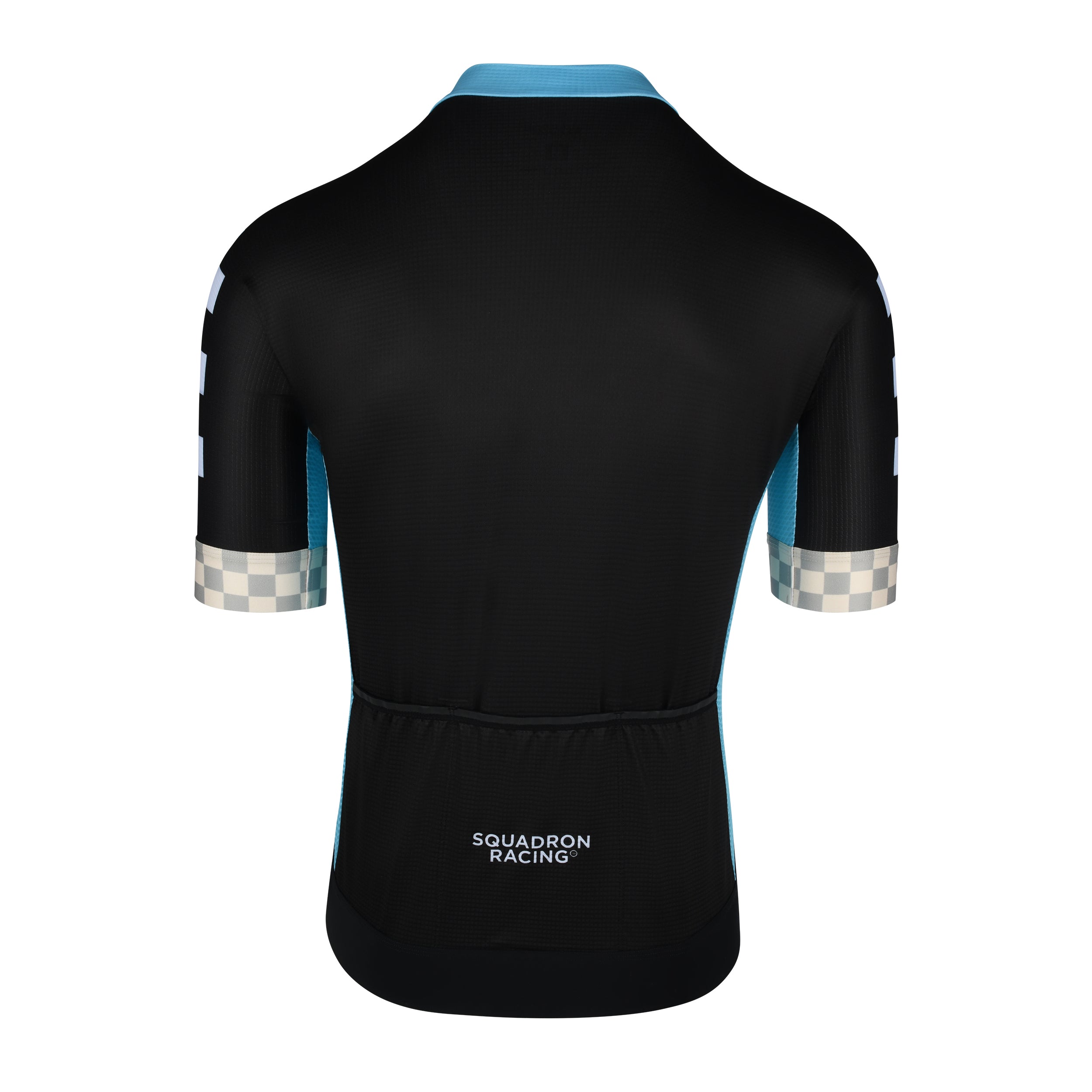 Back of blue men’s race jersey highlighting panel design and pocket placement.