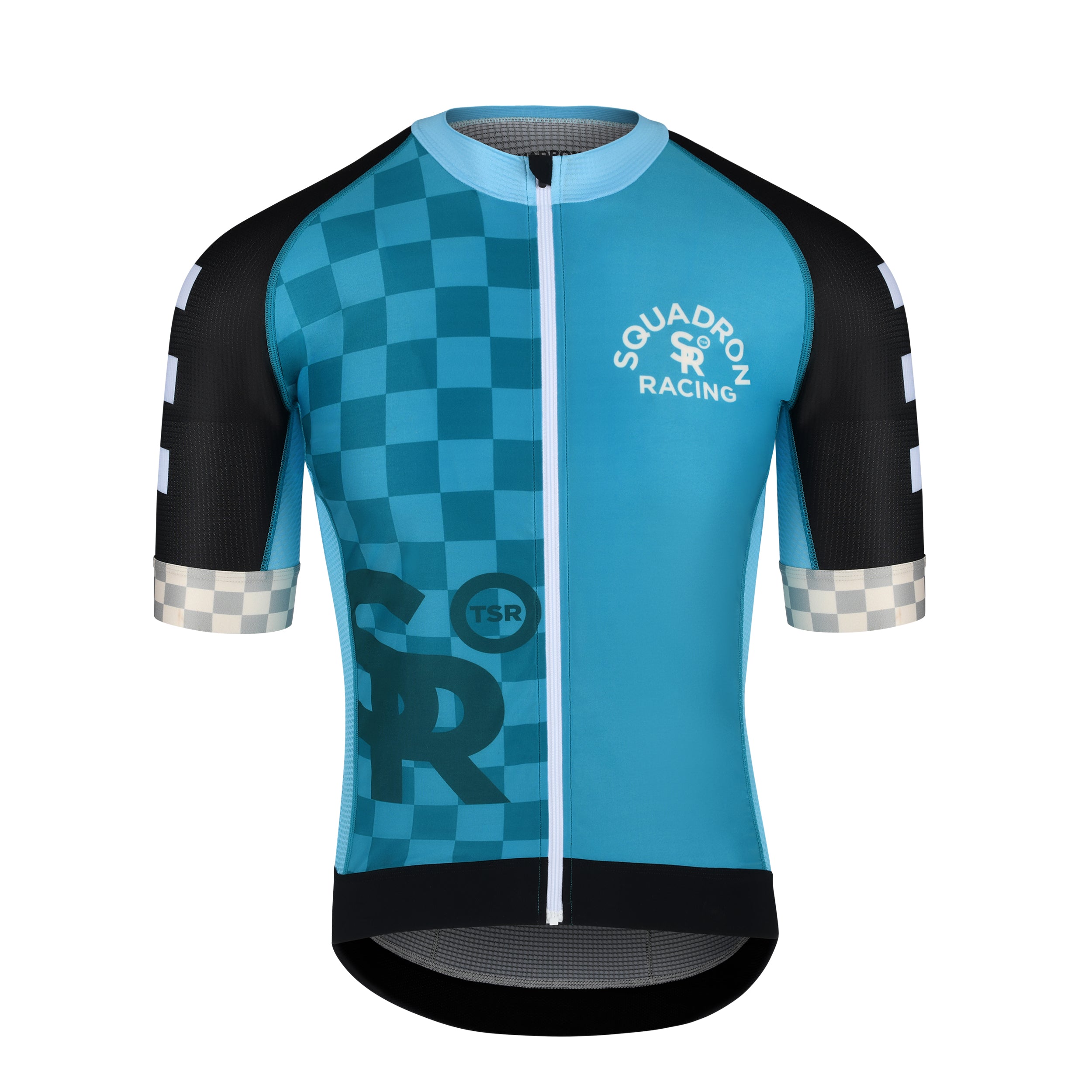 Blue variation of the men’s race jersey with contrasting black sleeves and white logo.
