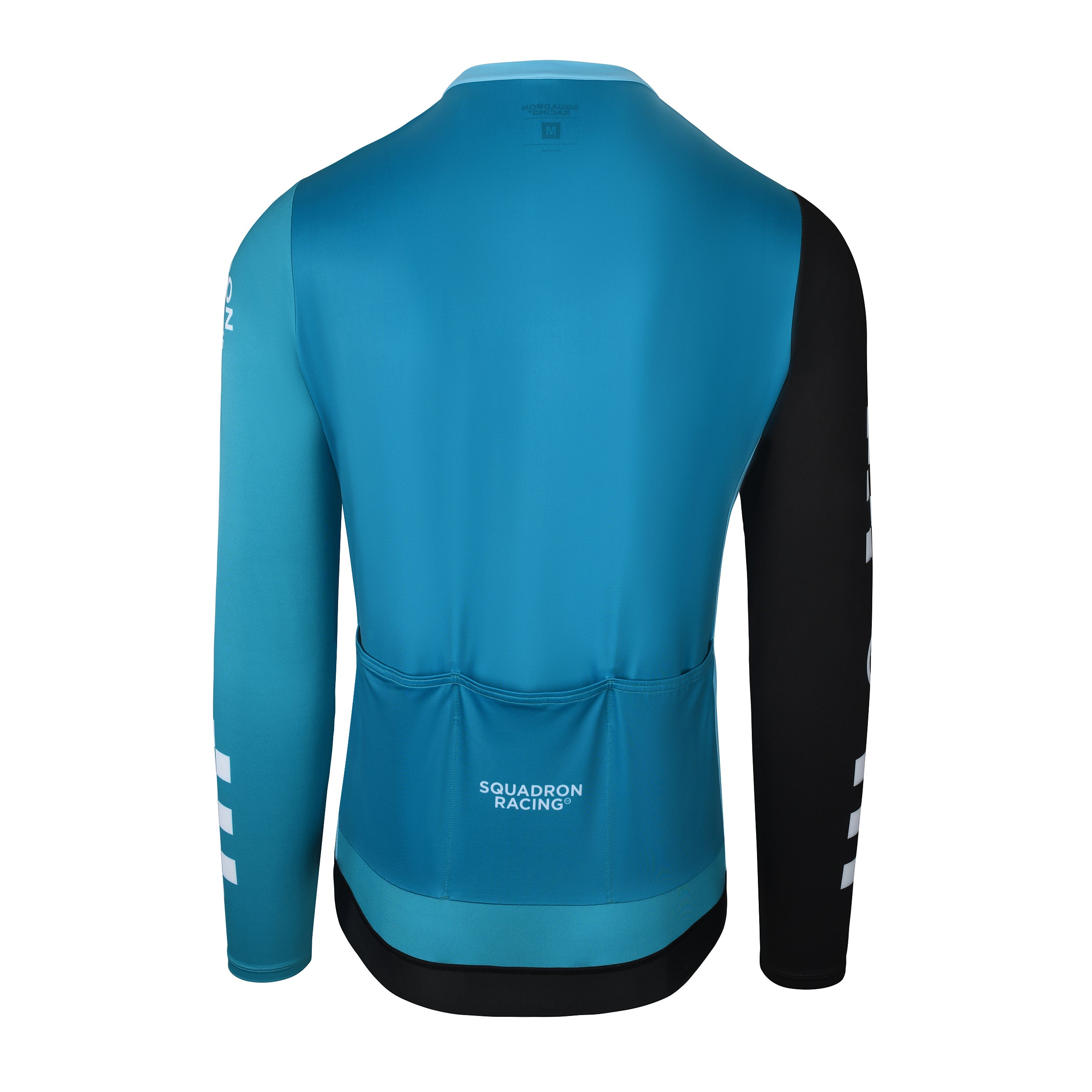 Back view of men’s cycling jersey with blue center panel and black sleeves.