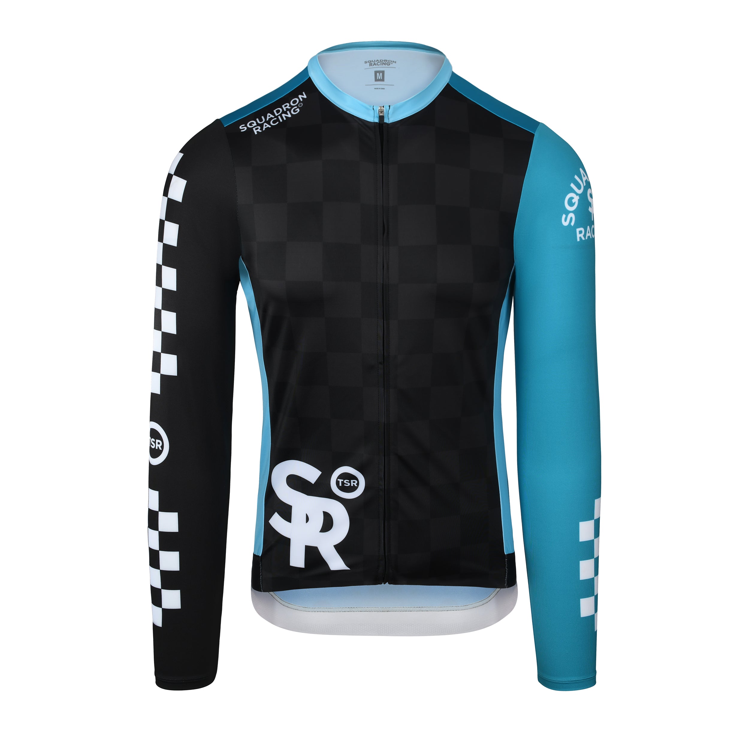 Front view of black and blue long sleeve race jersey featuring checkered pattern and Squadron Racing logo.