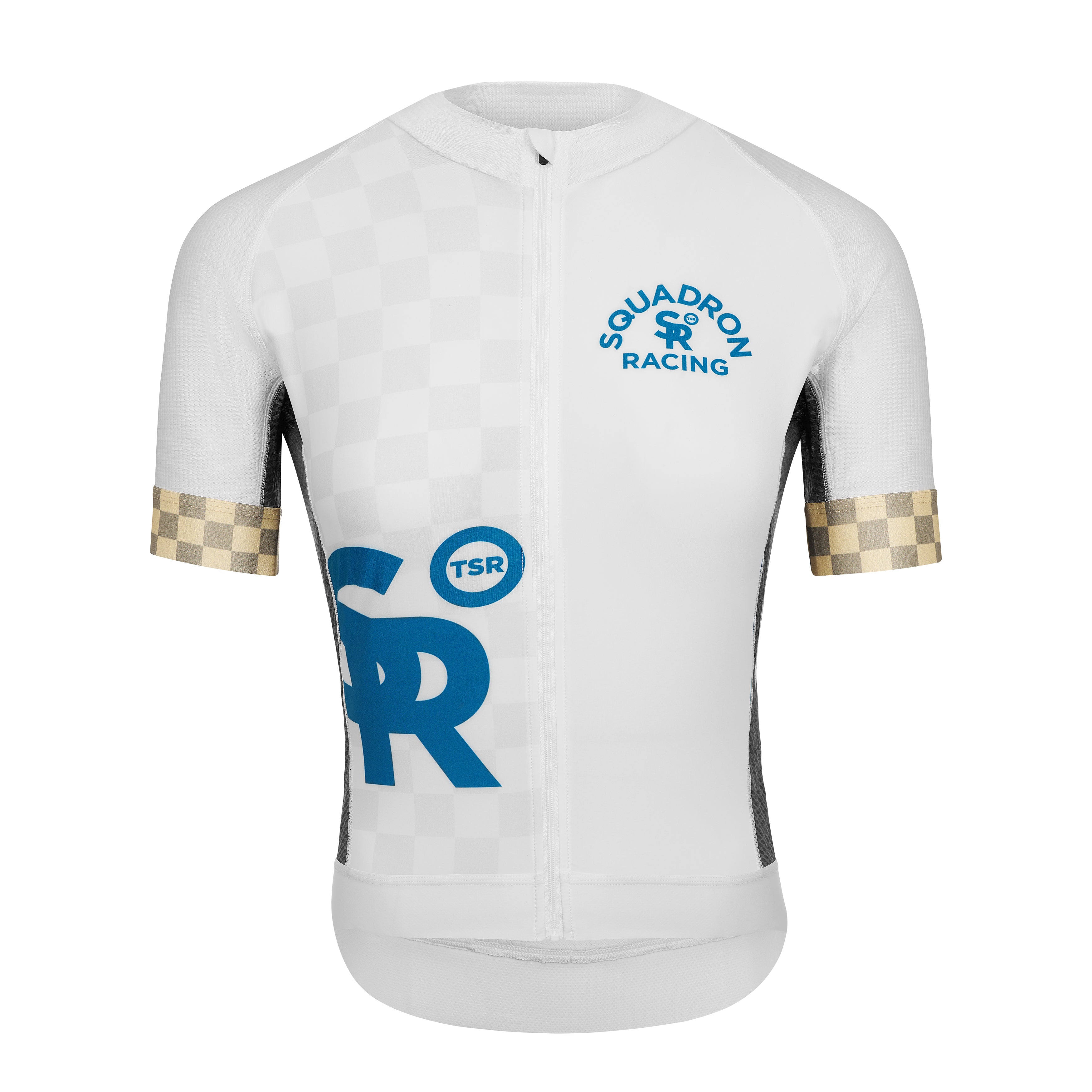 Men’s white race jersey with gold checkered sleeve cuffs and bold TSR logo on the chest.