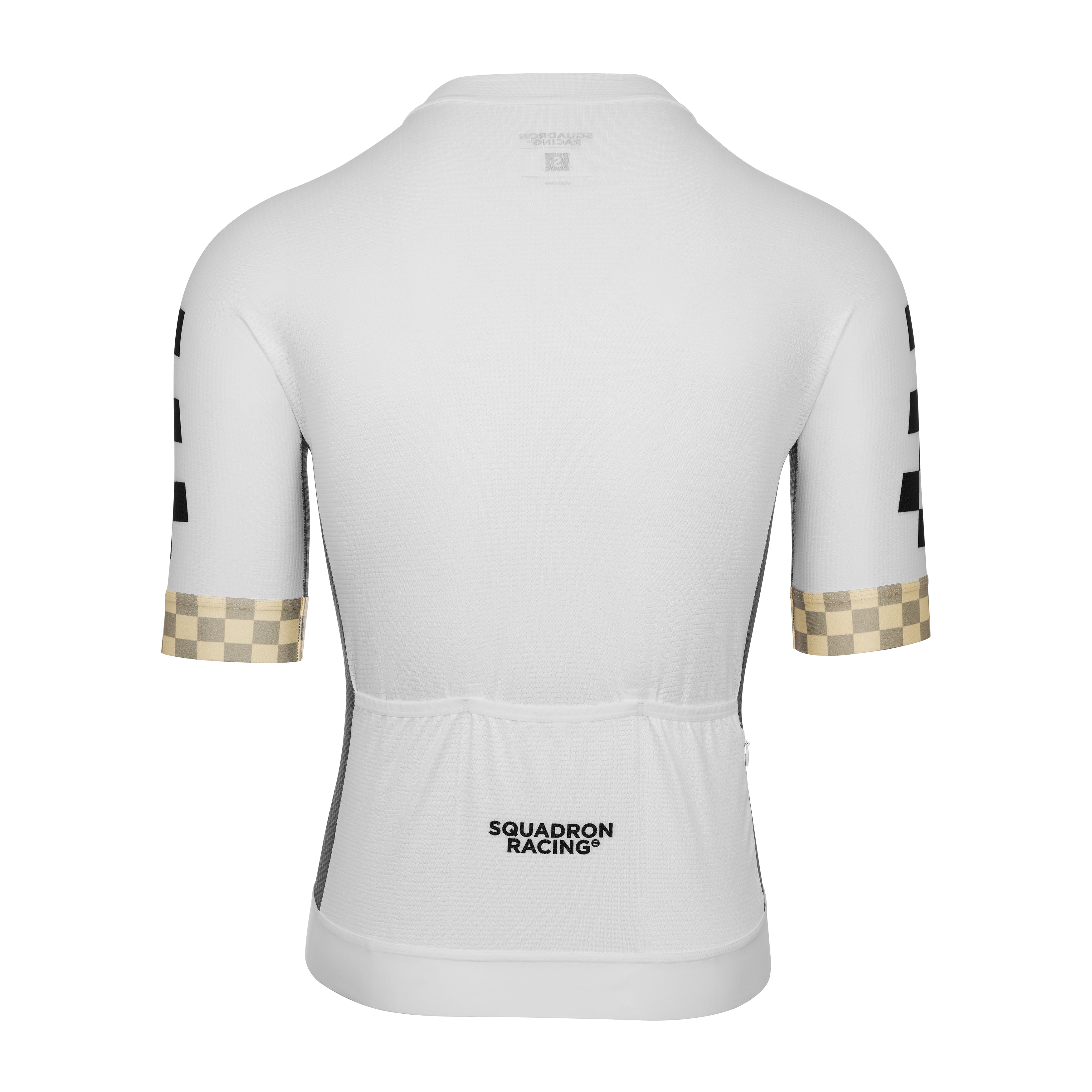 Rear view of white race jersey showing clean design and subtle branding.