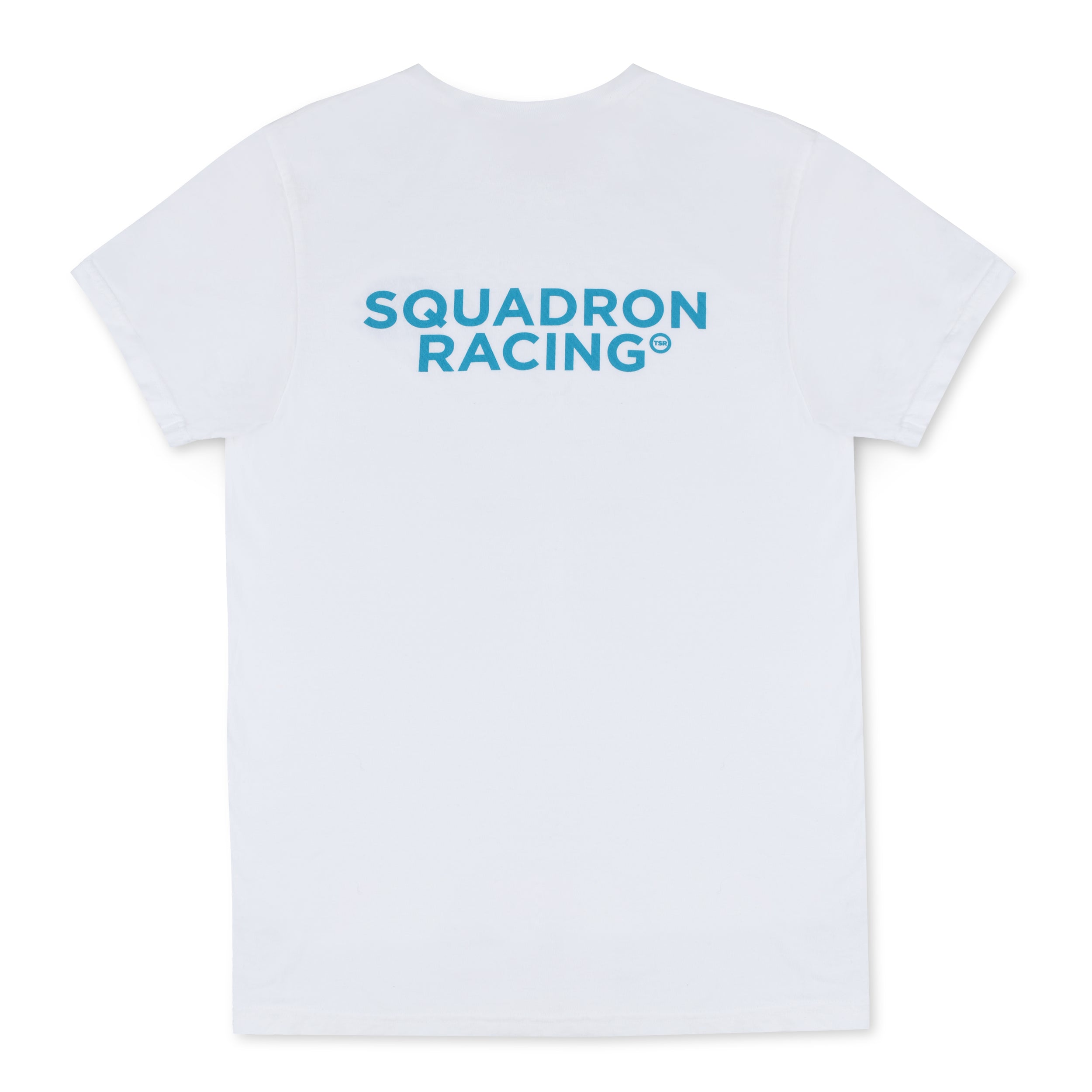 Back view of white t-shirt featuring large Squadron Racing logo in blue.