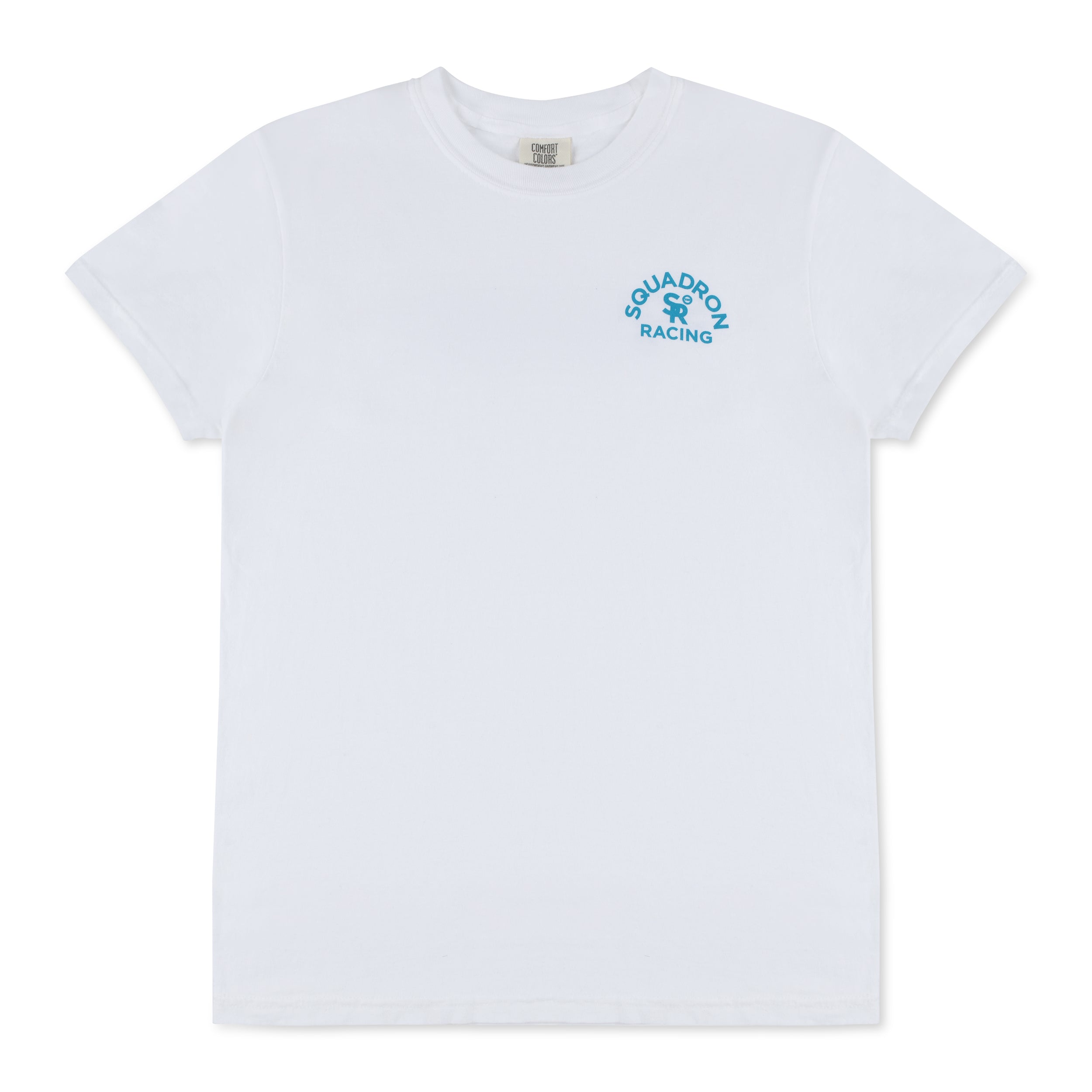 Front view of white crewneck t-shirt with Squadron Racing logo on left chest.