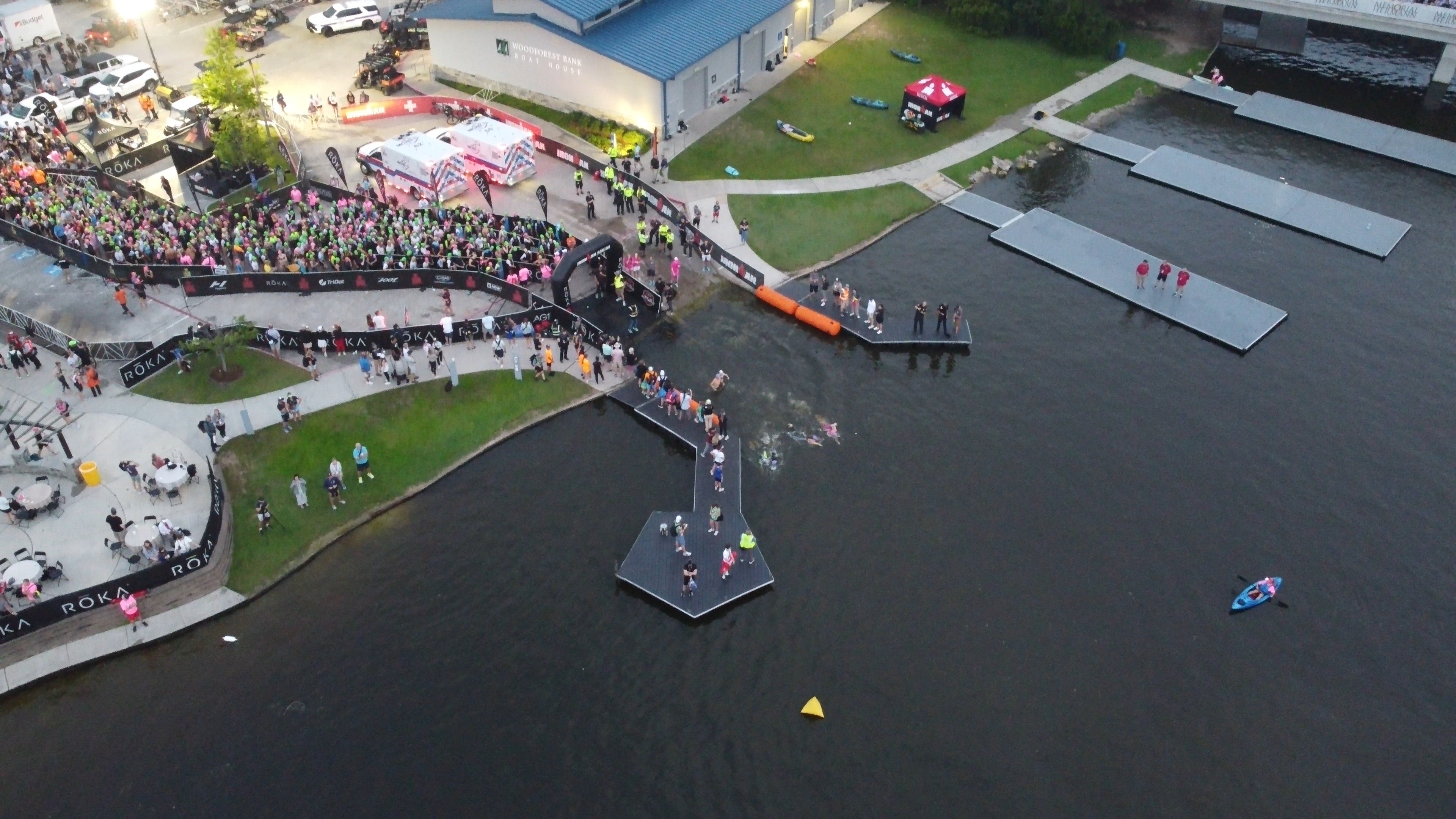 Aerial view of an ironman triathlon race swim start.