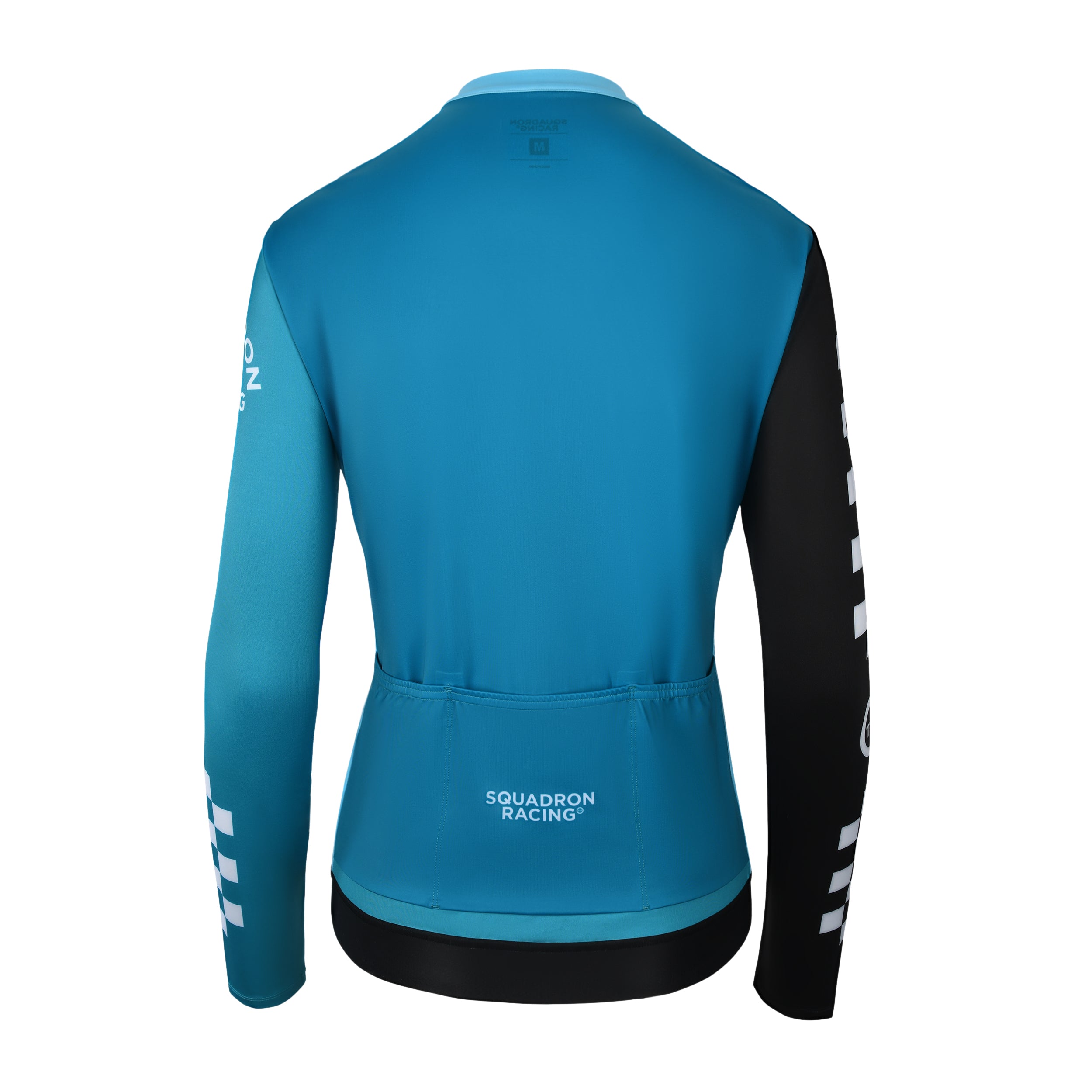 Back view of black and teal women's long sleeve cycling jersey by Squadron Racing