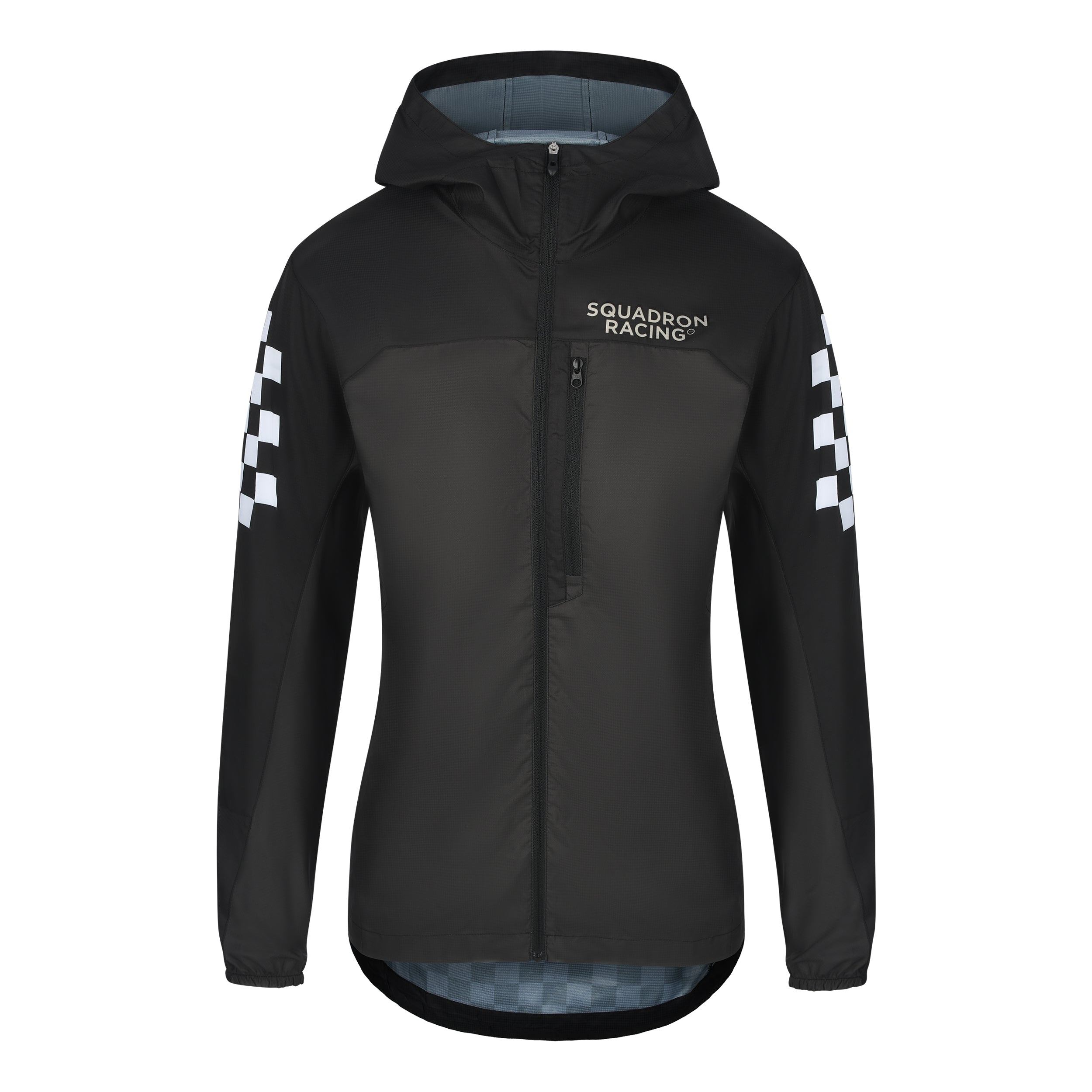 Women's black wind jacket with Squadron Racing logo, front zip, and checker sleeve design