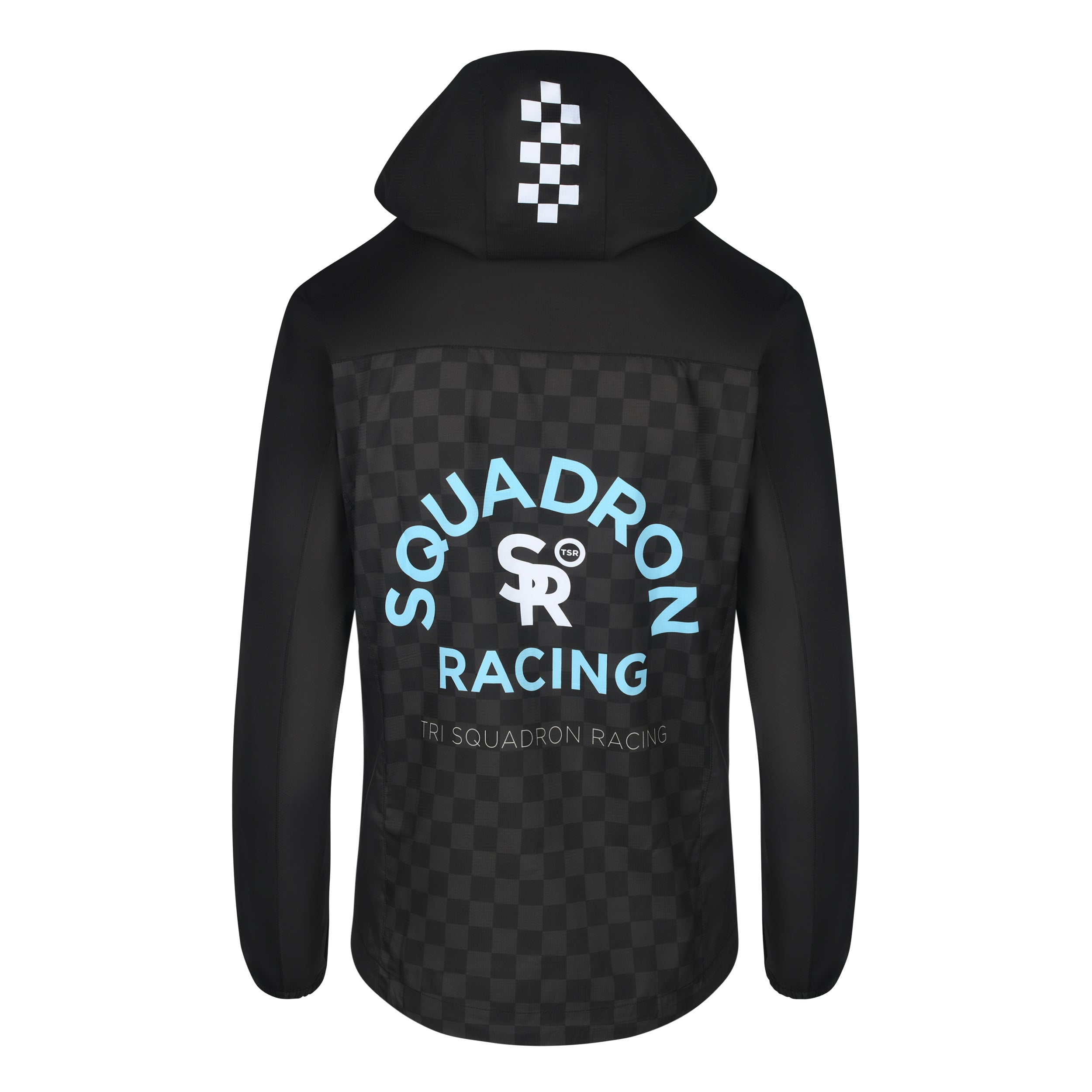 Rear view of women's wind jacket with checker pattern hood and Squadron Racing back logo