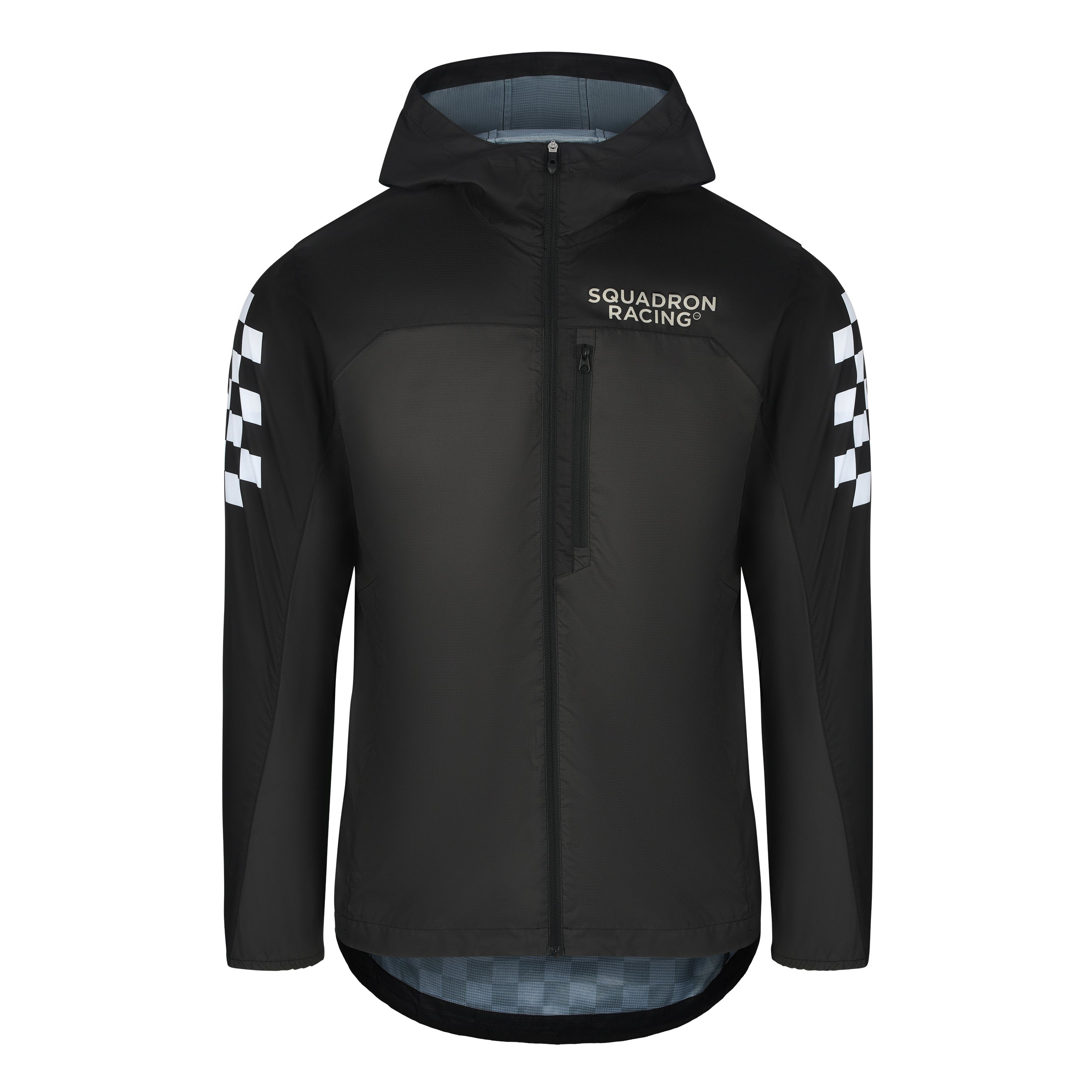 Front view of black Squadron Racing wind jacket with checkered sleeves and zip-up hood.