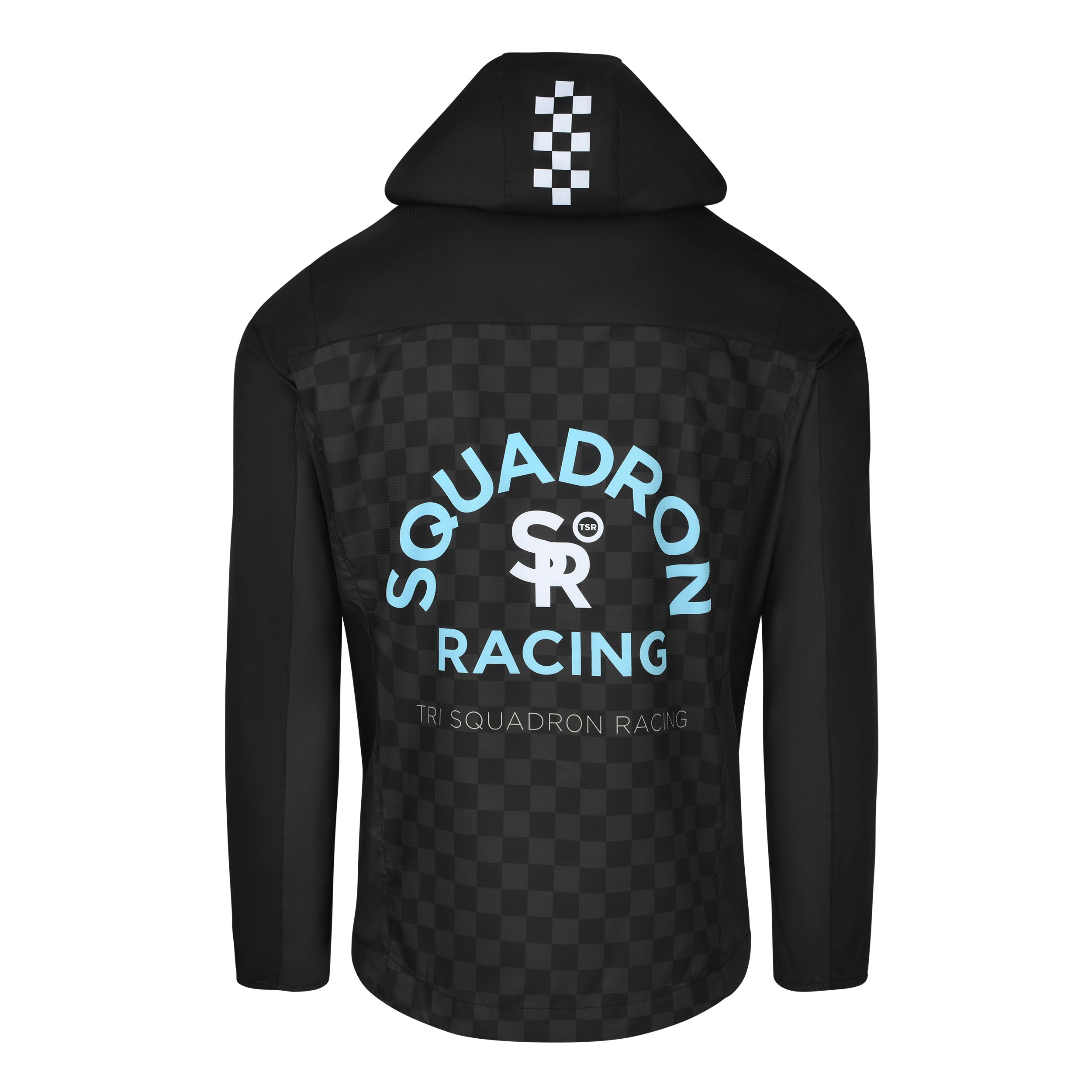 Back view of black wind jacket showing Squadron Racing logo and checkered hood.