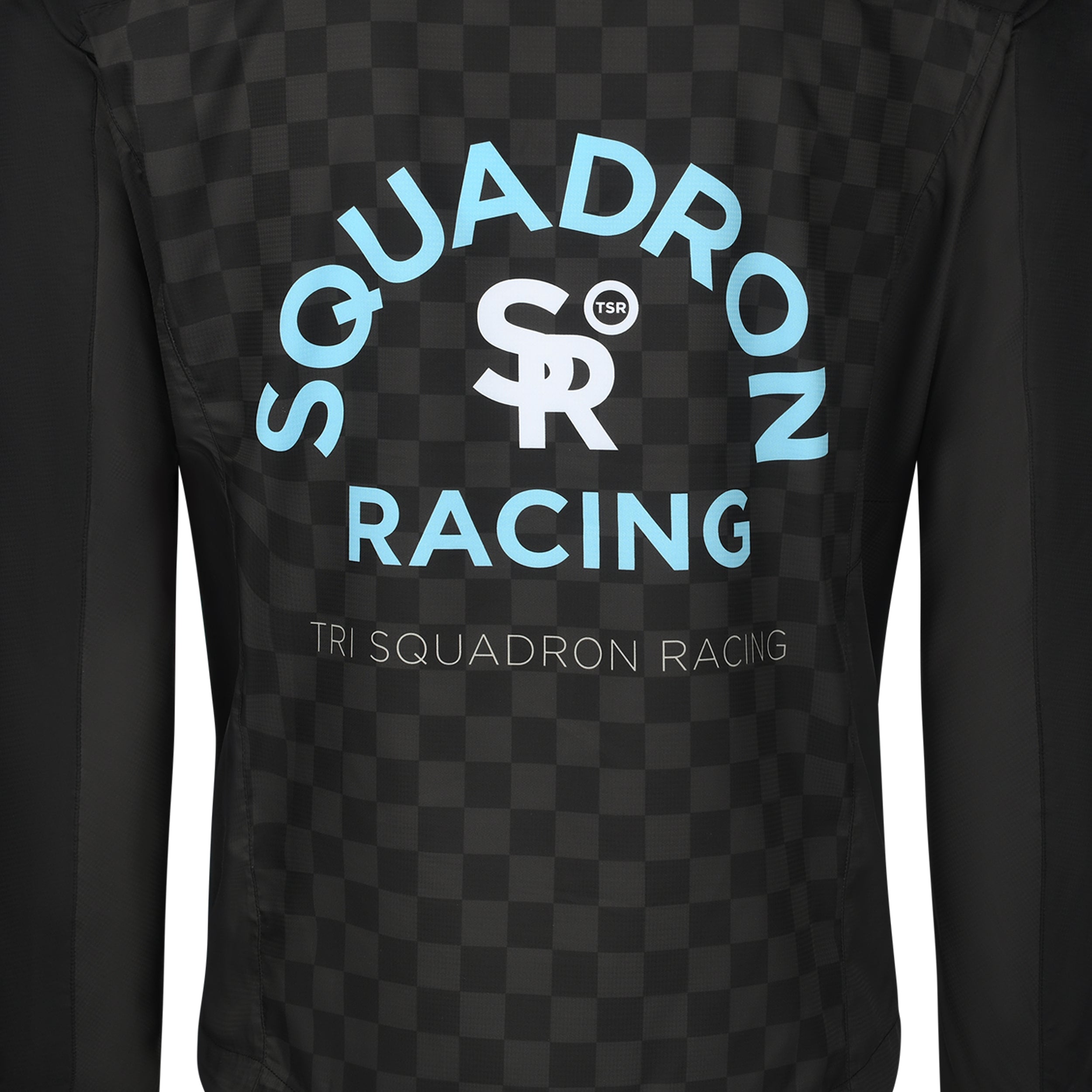 Close-up of Squadron Racing logo on back of women's wind jacket