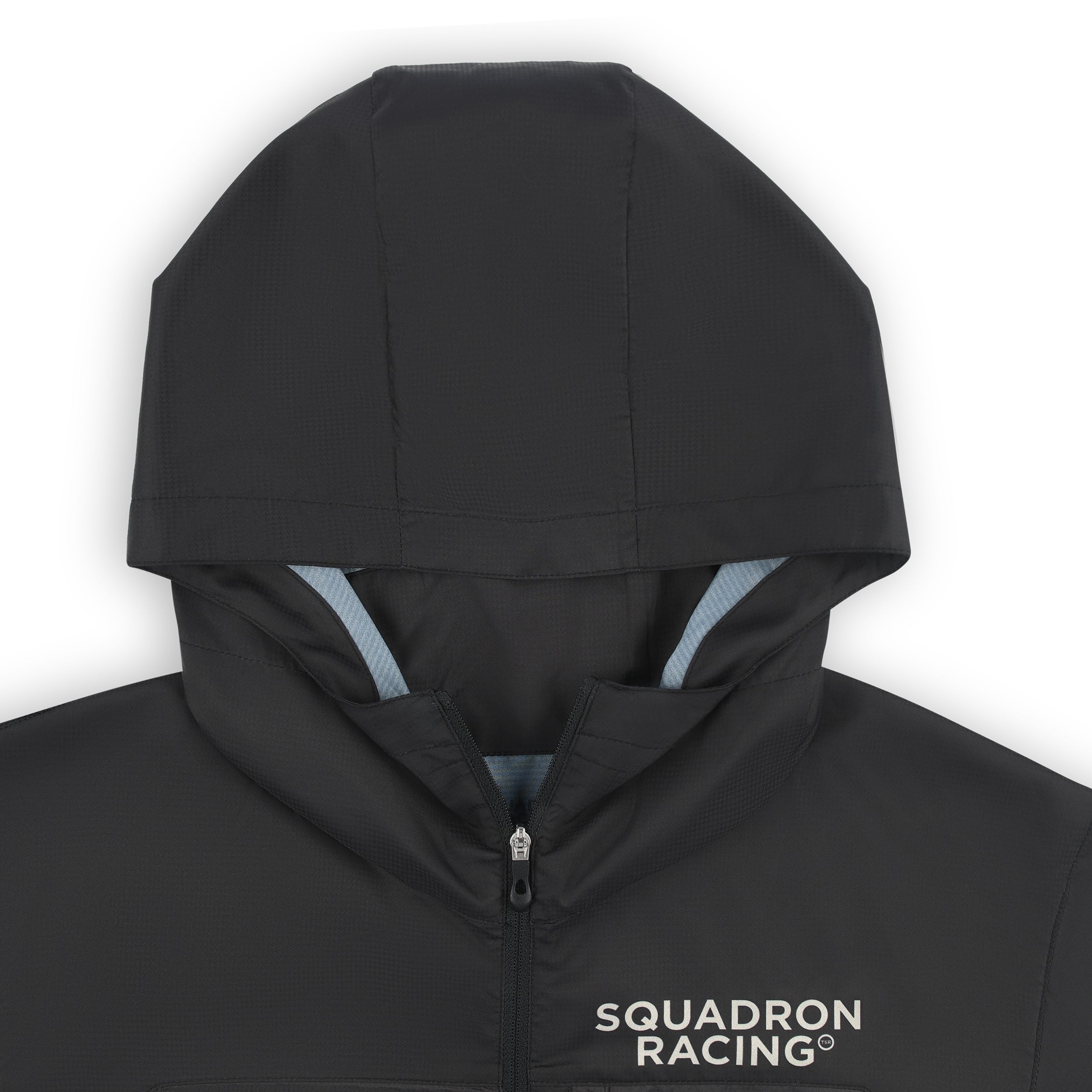 Women's wind jacket with hood up, black color, Squadron Racing branding visible
