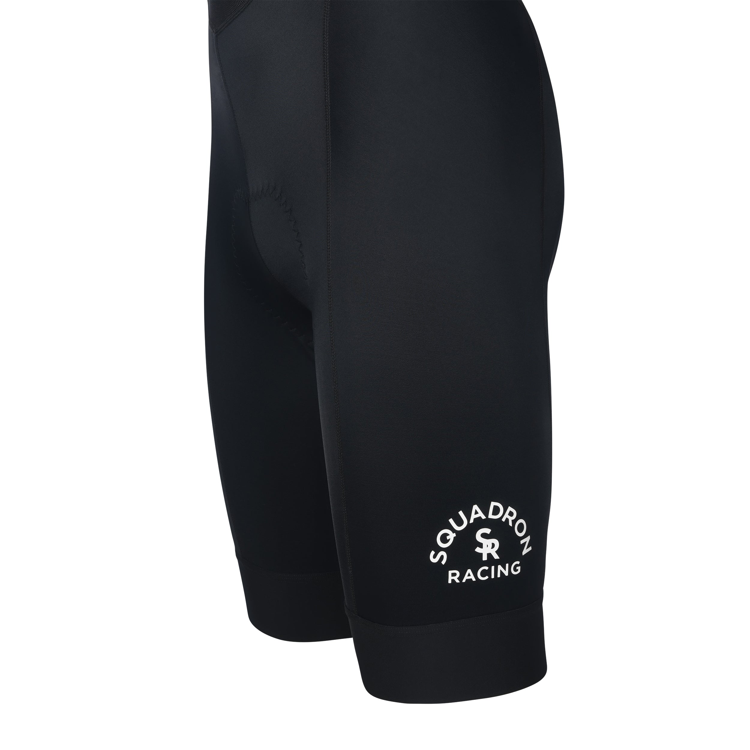 Side view of women's race bib shorts with Squadron Racing logo on thigh